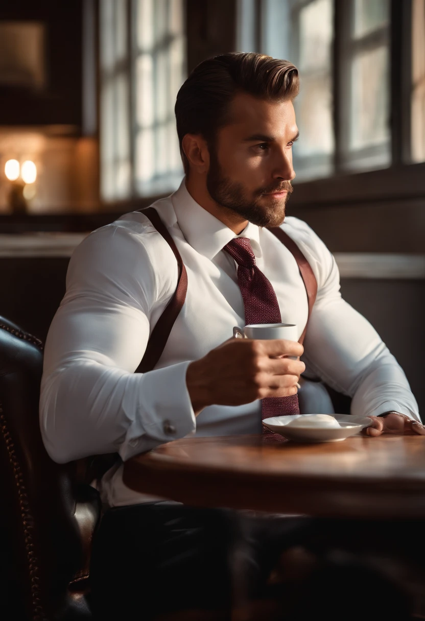 1man,
a 30 y.o muscular male wearing long-sleeve white shirt and tie, drinking coffee,
soft lighting,
masterpiece, best quality, 8k uhd, dslr, film grain, Fujifilm XT3 photorealistic painting art by midjourney and greg rutkowski