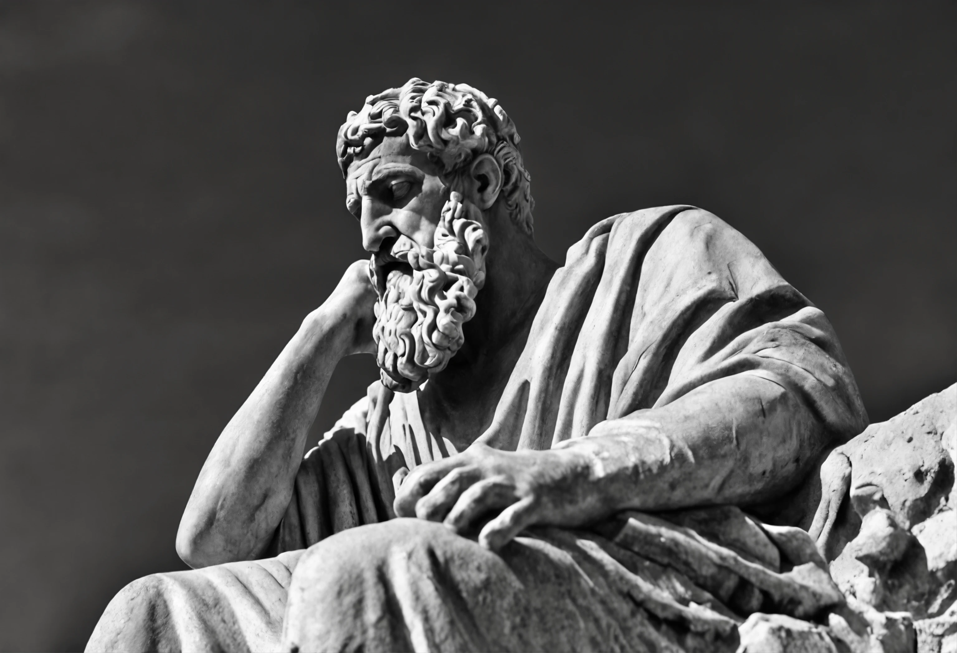 wise man, Stoic statue, cinza, antiga, Greece, observando, cidade abaixo