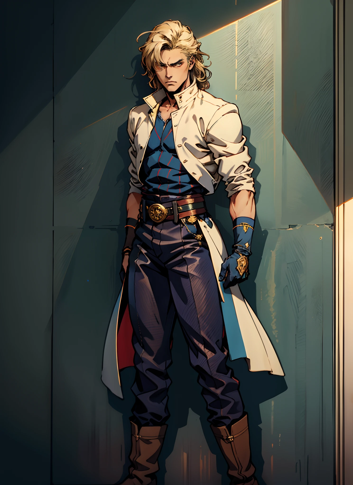 A young man with flowing black hair, a tuft of golden hair that partially covers one eye, a handsome and resolute face, a trace of loneliness in his firm gaze, a two-piece outfit that combines fantasy and martial arts elements, consisting of a tight-fitting shirt and a jacket, the outfit features twisted flame patterns, with white as the main color and red and blue as secondary colors, wears gloves that also serve as wrist guards, dark pants, boots embellished with metal decorations, this character embodies a finely crafted fantasy-style Chinese martial hero design in anime, characterized by a sophisticated and mature manga art style, high definition, best quality, highres, ultra-detailed, ultra-fine painting, extremely delicate, professional, anatomically correct, symmetrical face, extremely detailed eyes and face, high quality eyes, creativity, RAW photo, UHD, 8k, Natural light, cinematic lighting, masterpiece:1.5