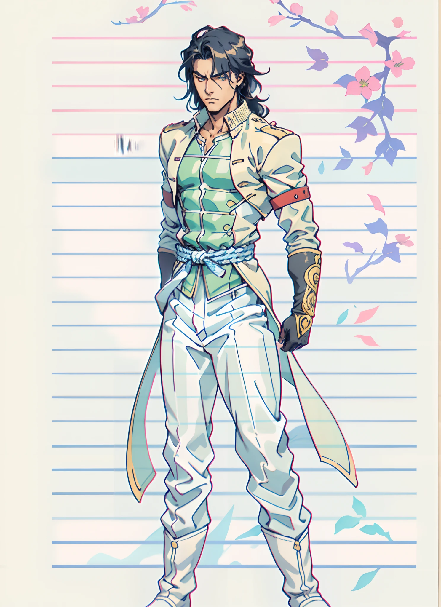 A young man with flowing black hair, a tuft of golden hair that partially covers one eye, a handsome and resolute face, a trace of loneliness in his firm gaze, a two-piece outfit that combines fantasy and martial arts elements, consisting of a tight-fitting shirt and a jacket, the outfit features twisted flame patterns, with white as the main color and red and blue as secondary colors, wears gloves that also serve as wrist guards, dark pants, boots embellished with metal decorations, this character embodies a finely crafted fantasy-style Chinese martial hero design in anime, characterized by a sophisticated and mature manga art style, high definition, best quality, highres, ultra-detailed, ultra-fine painting, extremely delicate, professional, anatomically correct, symmetrical face, extremely detailed eyes and face, high quality eyes, creativity, RAW photo, UHD, 8k, Natural light, cinematic lighting, masterpiece:1.5