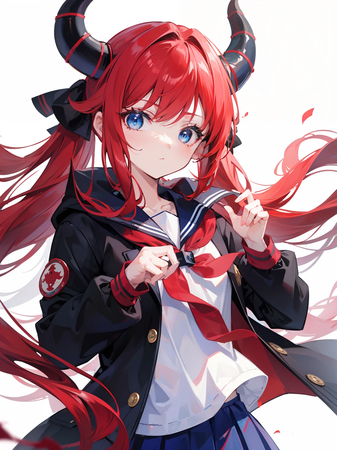 red hair, blue eyes, twintails, Sailor suit,black coat, Dragon horns,Pleated skirt,solo,bow