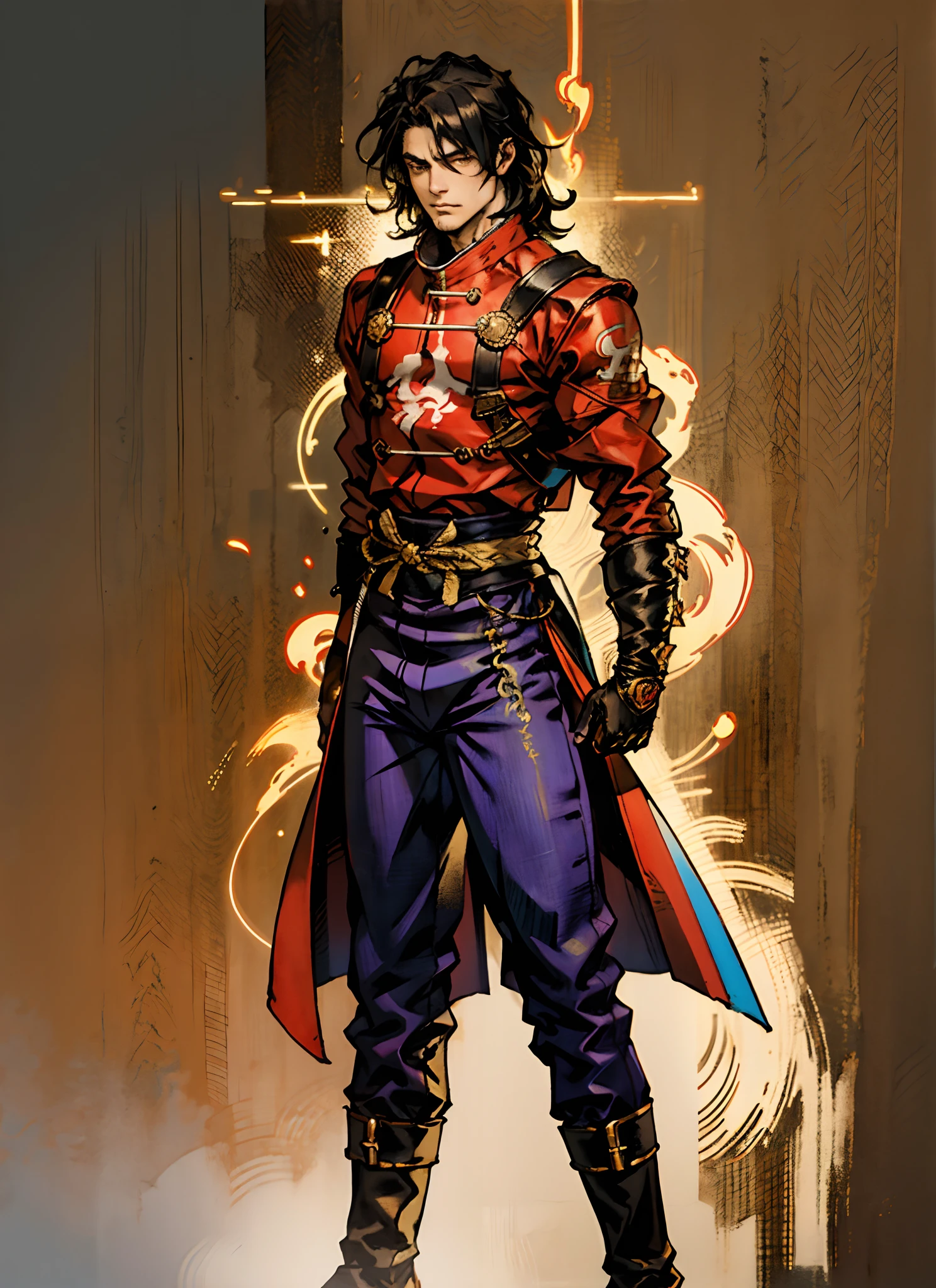 A young man with flowing black hair, a tuft of golden hair that partially covers one eye, a handsome and resolute face, a trace of loneliness in his firm gaze, a two-piece outfit that combines fantasy and martial arts elements, consisting of a tight-fitting shirt and a jacket, the outfit features twisted flame patterns, with white as the main color and red and blue as secondary colors, wears gloves that also serve as wrist guards, dark pants, boots embellished with metal decorations, this character embodies a finely crafted fantasy-style Chinese martial hero design in anime, characterized by a sophisticated and mature manga art style, high definition, best quality, highres, ultra-detailed, ultra-fine painting, extremely delicate, professional, anatomically correct, symmetrical face, extremely detailed eyes and face, high quality eyes, creativity, RAW photo, UHD, 8k, Natural light, cinematic lighting, masterpiece:1.5