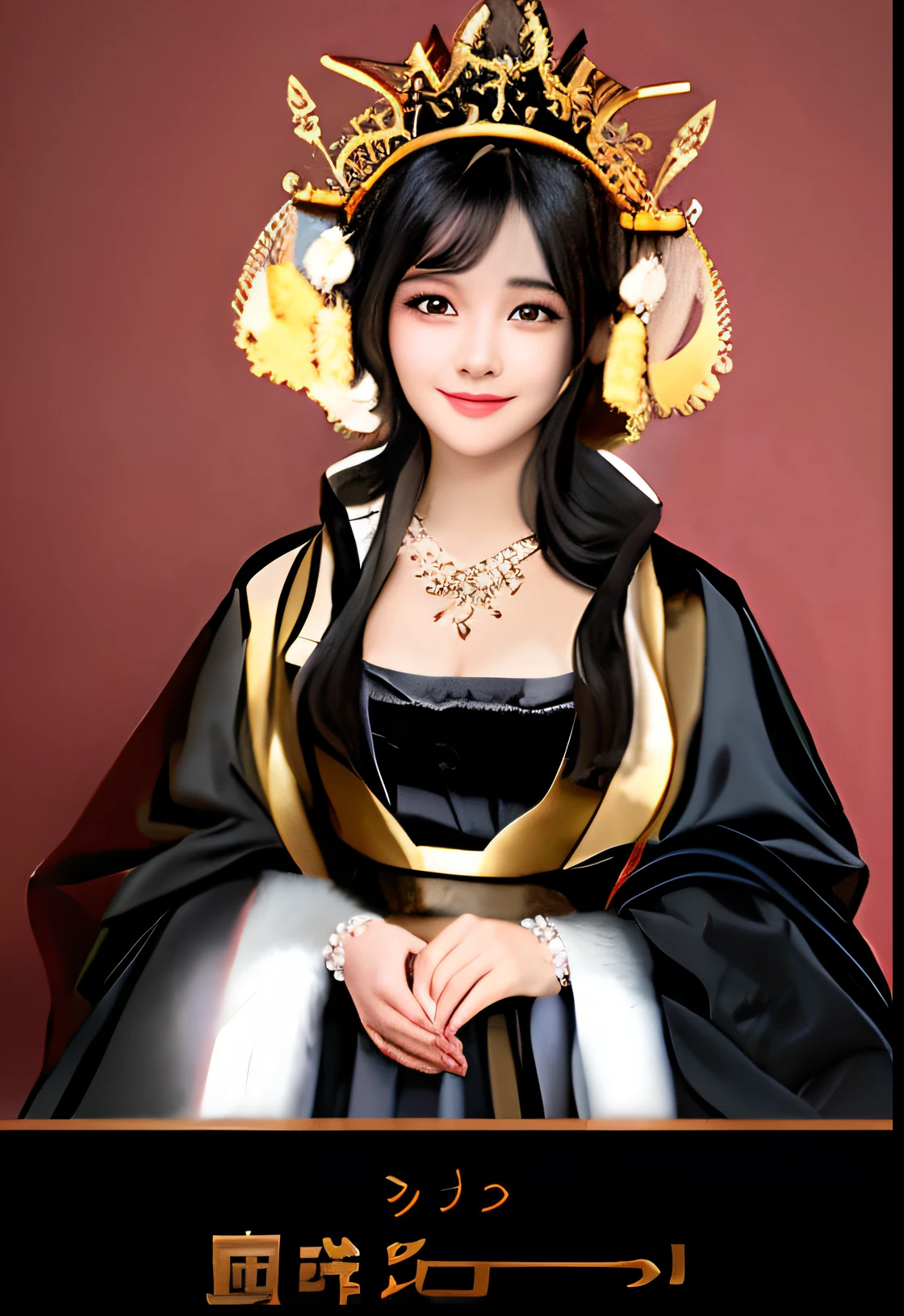 Smiling woman with black hair in dress with crown on head