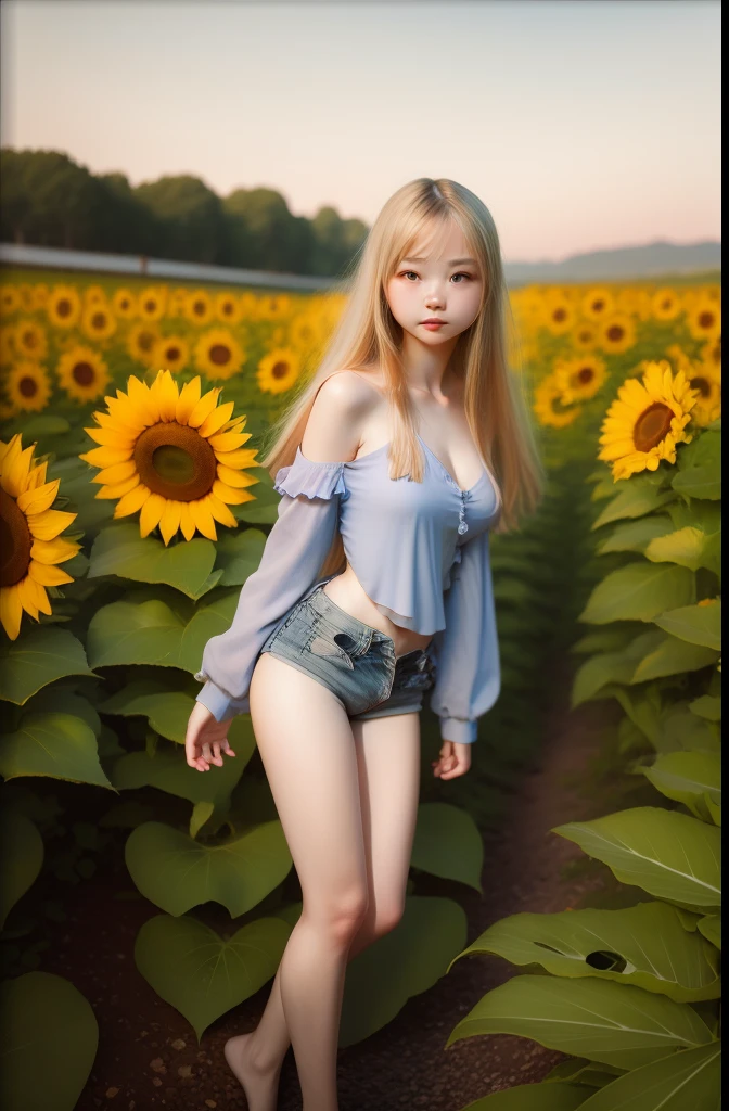Hyperrealist Women by David Hockney and Alphonse Mucha、princess、14years、art stations、4 k、awardwinning、being thin、Slender body、Smaller chest、Ribs、Live-action background、Luxurious hair ornaments、poneyTail、8Head and body、A slender、sunflowers fields、Turn around、railing、low angles、NSFW、
