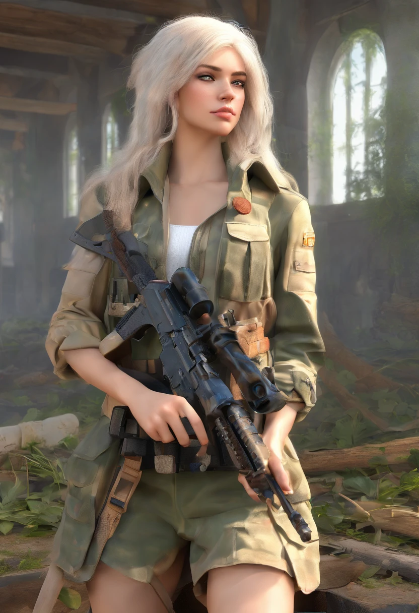 Russian woman 22 years old in destroyed building cause of war, (Soldaten-Uniformen: 0.9), ((White hair)), dunkelblaue Augen, von unten, (Pferdeschwanz, gewelltes Haar), big hips, large chest, haltend_Waffe, AK-47, akm, Sturmgewehr, Kalaschnikow-Gewehr, zielend, trigger_Disziplin --auto