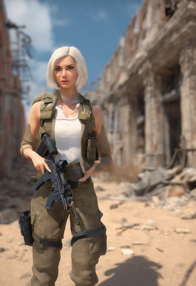 Russian woman 22 years old in destroyed building cause of war, (Soldaten-Uniformen: 0.9), ((White hair)), dunkelblaue Augen, von unten, (Pferdeschwanz, gewelltes Haar), big hips, large chest, haltend_Waffe, AK-47, akm, Sturmgewehr, Kalaschnikow-Gewehr, zielend, trigger_Disziplin --auto