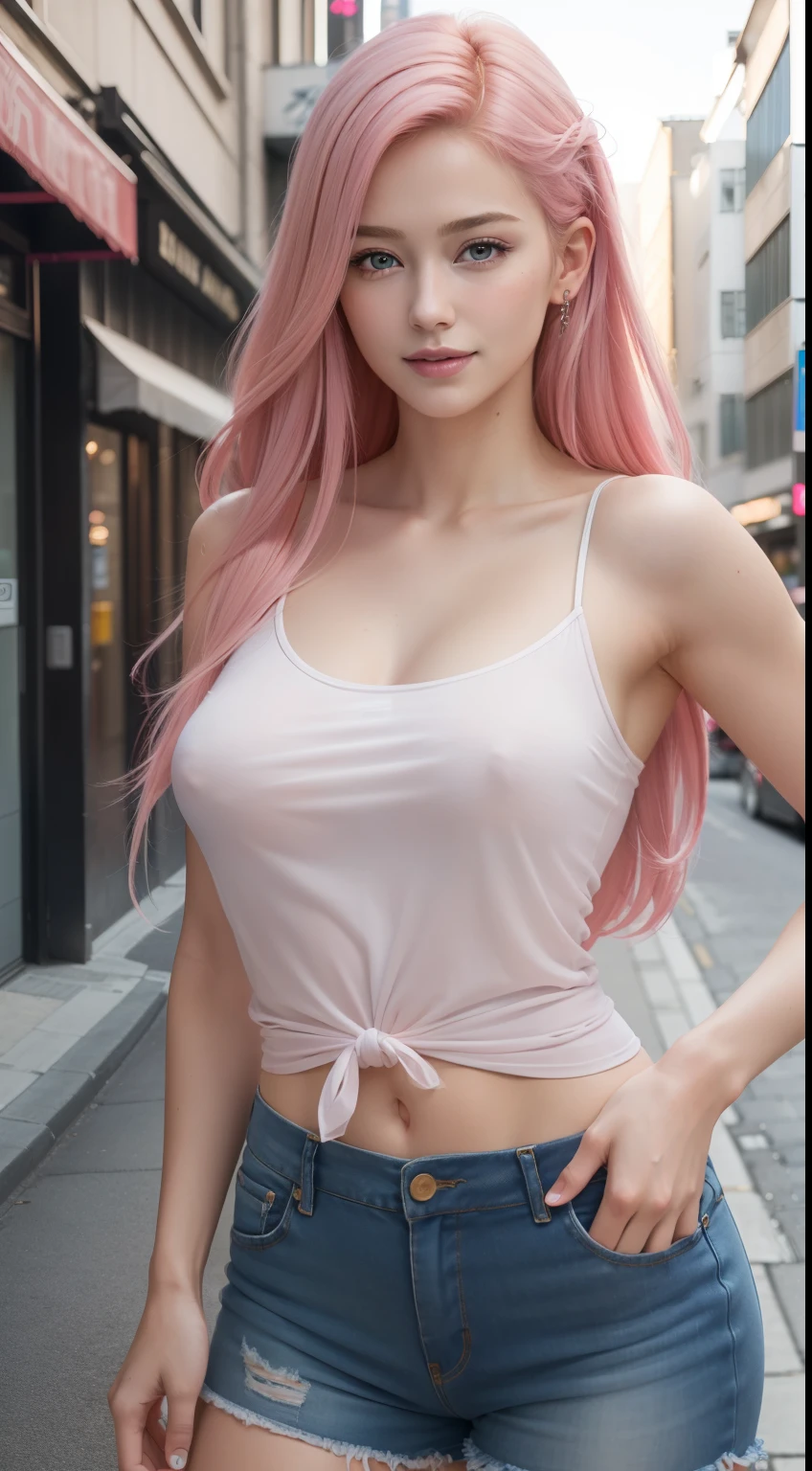 (masterpiece:1.4), (8k, photorealistic, RAW photo, best quality: 1.4), japanese, (1girl), beautiful face, (realistic face:1.4), (pink hair, long hair:1.3), beautiful hairstyle, realistic blue eyes, beautiful detailed eyes, (realistic skin:1.3), beautiful skin, attractive, ultra high res, ultra realistic, highly detailed, golden ratio, (detailed face:1.4), looking at viewer, open white shirt, (realistic medium breasts:1.4), standing, hand on hip, transparent shirt, (braless:1.4), nipples_out, short jeans, shorts, nsfw, city street, dynamic lighting,((characters play)),smiling