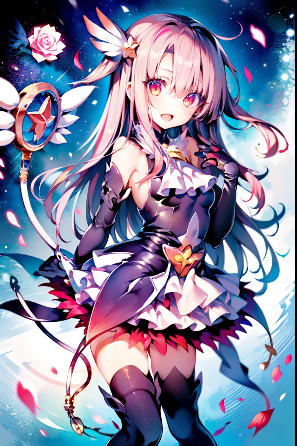 (1girl in:1.2), (Solo:1.2), masutepiece, nffsw、Shaders、Brilliant Textured Work、Ultra-detailed eyes、ultra-intricate pupil in eyes、top-quality、Lori、elementary student、Magical Girl Clothes、Big sickle、ratex、Tight, long gloves、long boots、Twin-tailed、length hair、Pink hair、Hollow eyes、Opening Mouth、Corsage of Roses、