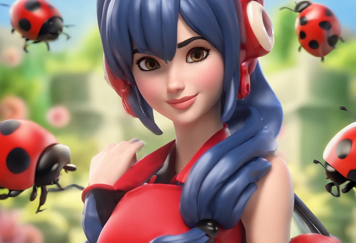 Make Marinette from the cartoon Ladybug,com cabelo azul, vestido vermelho de bolinha preta, melhor qualidade