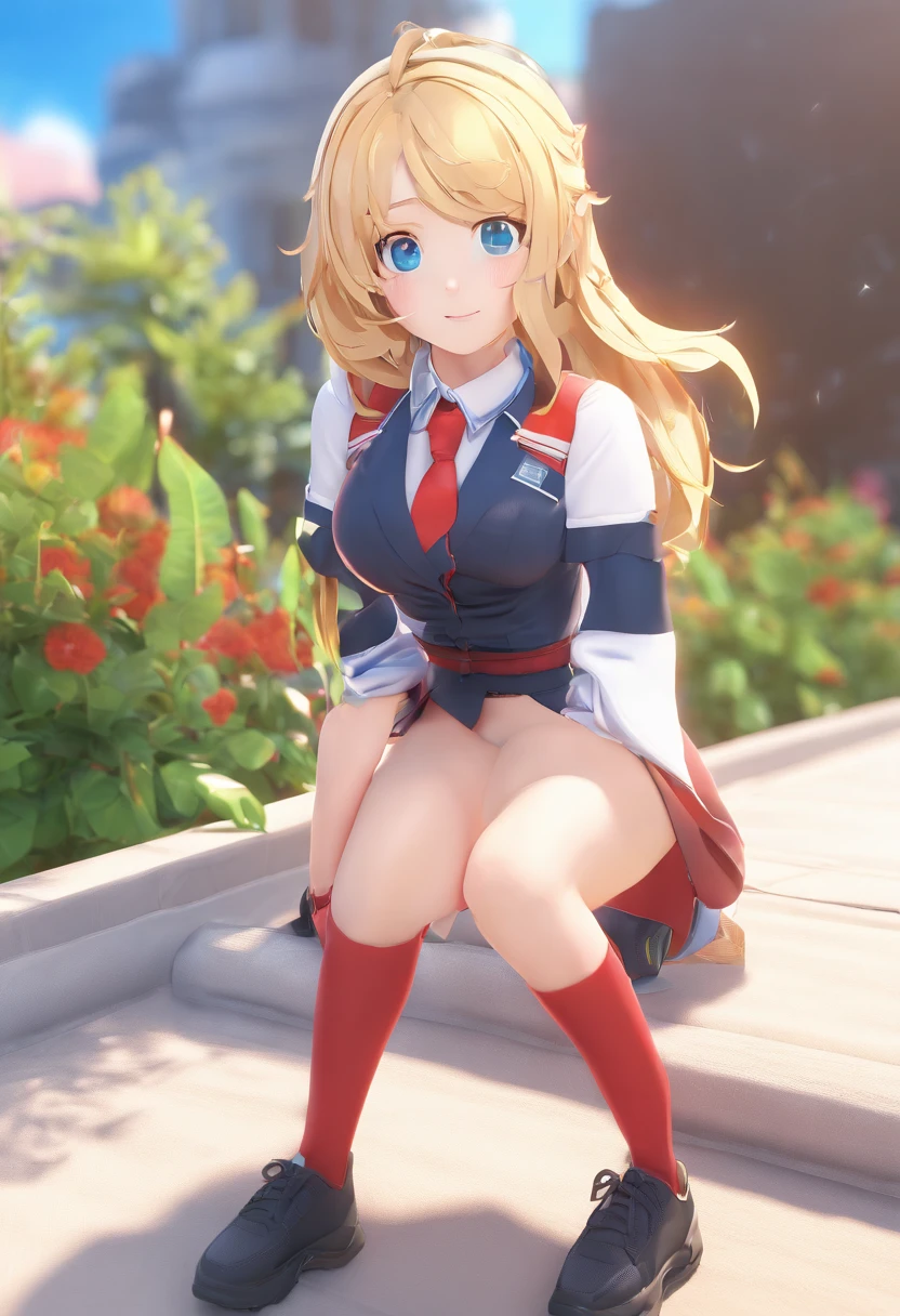 cute girl, high school girl, blond long hair, wavy hair, ponytail, white ribbon, blue eyes, beautiful body, beautiful hair, smile, dark red lines gym uniform short sleeve white colour, black buruma, panties, large breasts, park, kneehights socks, tuck the hem into the burumas standing, full body