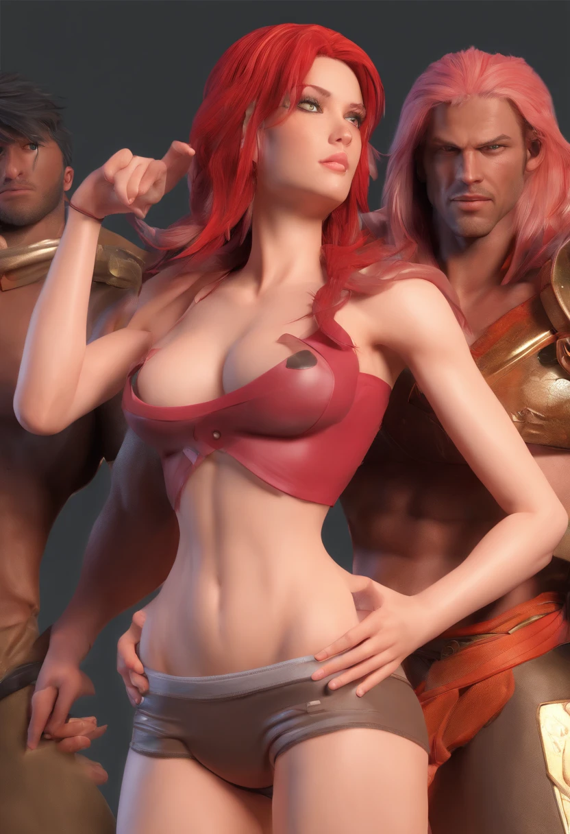 NSFW, a chest, red hair half naked, flat chest, sweat all over her body, only wear a sexy loincloth , she is only girl fighting with 6 men surrounding her on the wrestling floor, the girl was locked by one man use Boston Crab on her , the men surrounding torturing the girl. there are 6 man standing around a single girl, 1 man grope the girl chest, 1 man touching the girl vaginal