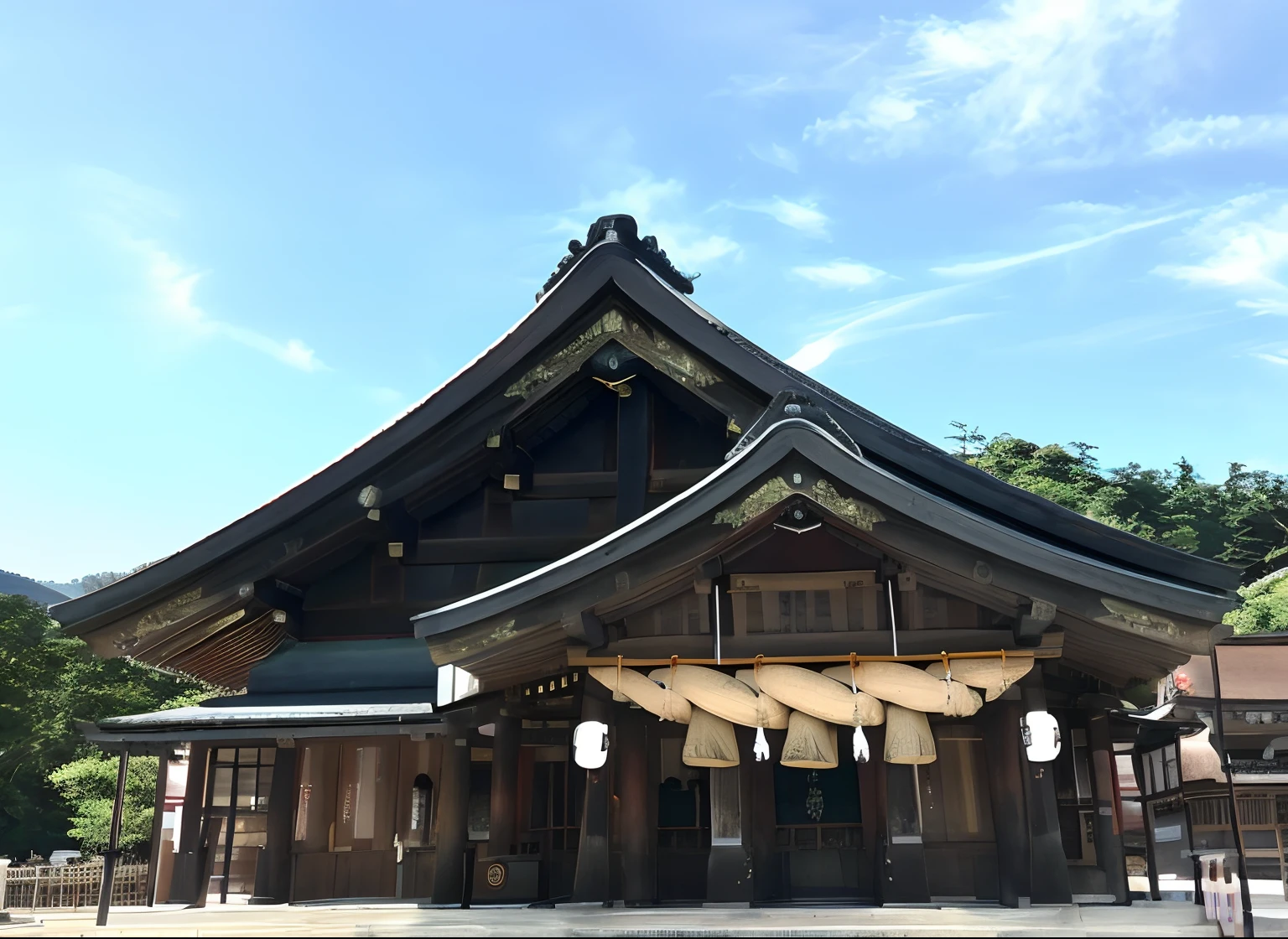 There is a large building with a huge rope hanging from it, Temple of the glittering Japan, shrines, Shrine of Japan, japanese temples, temple, inspired by Gusukuma Seihō, front-facing view, inspired by Itō Jakuchū, front side, sacred place, shrines, inspired by Sesshū Tōyō, inari shrine
