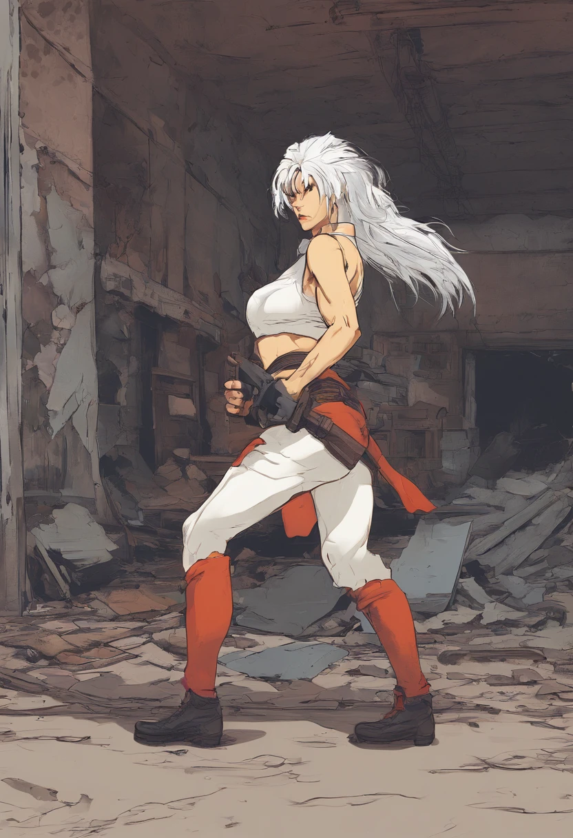 Russian woman 22 years old in destroyed building cause of war, (Soldaten-Uniformen: 0.9), ((White hair)), dunkelblaue Augen, von unten, (Pferdeschwanz, gewelltes Haar), big hips, large chest, haltend_Waffe, AK-47, akm, Sturmgewehr, Kalaschnikow-Gewehr, zielend, trigger_Disziplin
