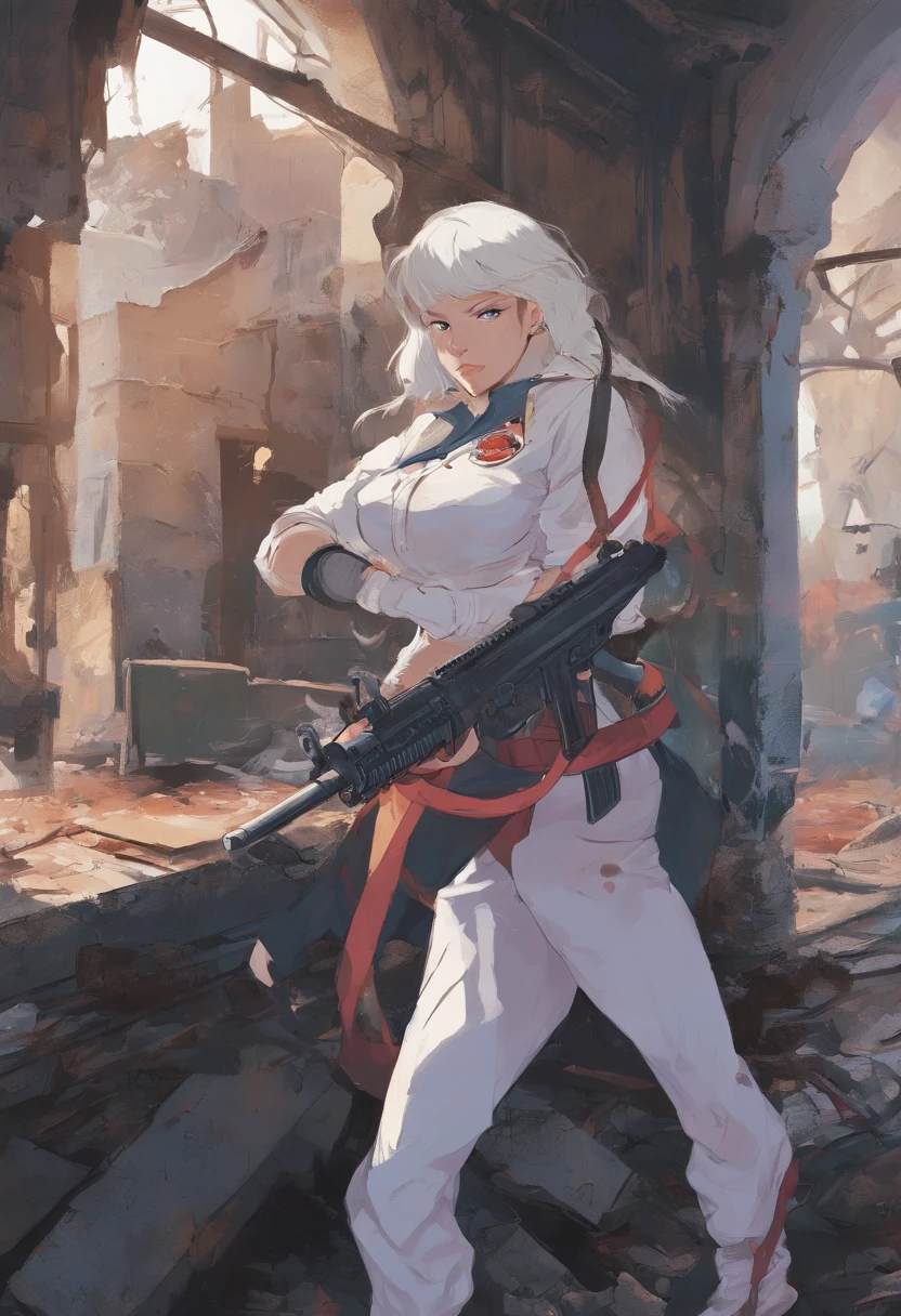 Russian woman 22 years old in destroyed building cause of war, (Soldaten-Uniformen: 0.9), ((White hair)), dunkelblaue Augen, von unten, (Pferdeschwanz, gewelltes Haar), big hips, large chest, haltend_Waffe, AK-47, akm, Sturmgewehr, Kalaschnikow-Gewehr, zielend, trigger_Disziplin