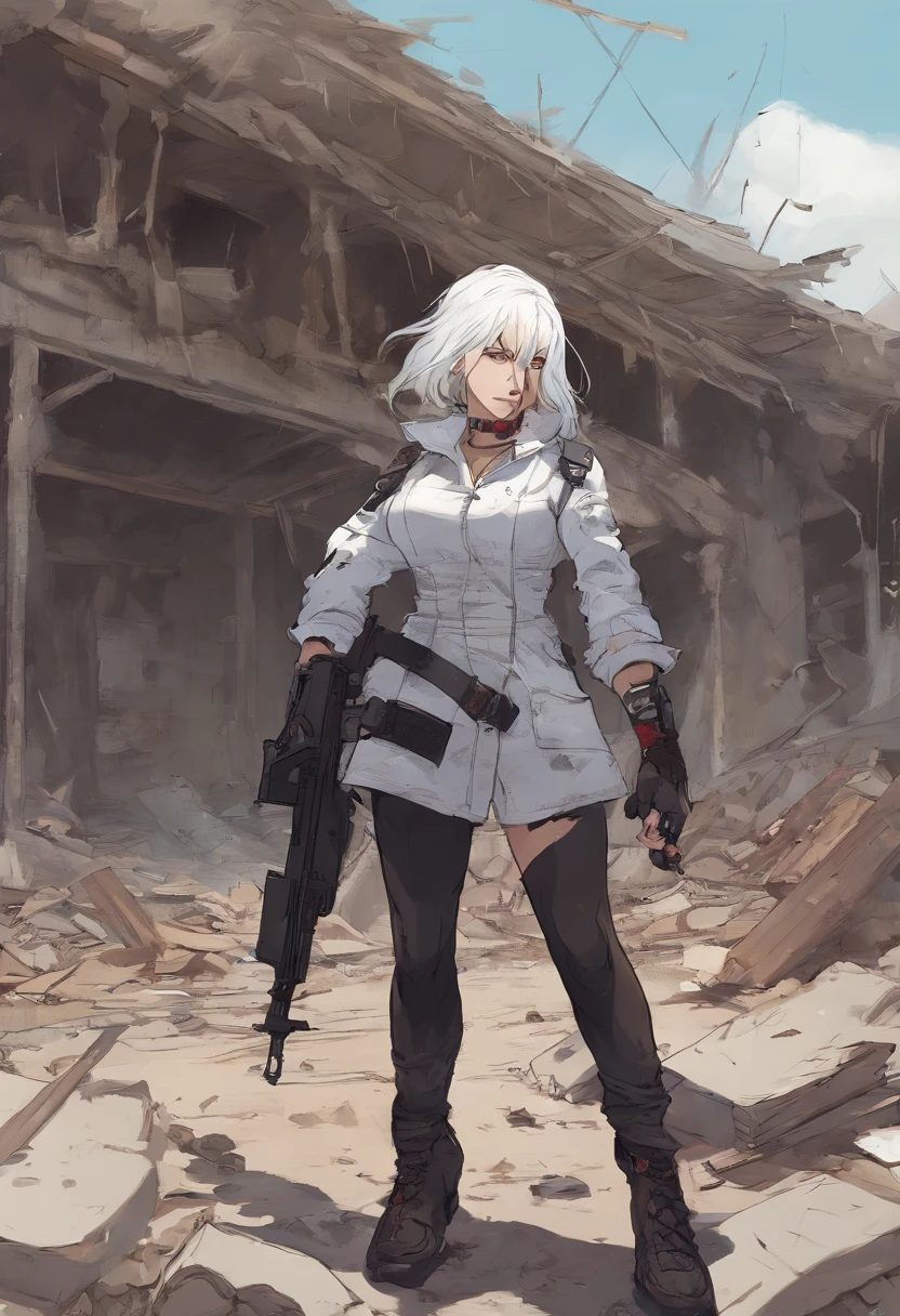 Russian woman 22 years old in destroyed building cause of war, (Soldaten-Uniformen: 0.9), ((White hair)), dunkelblaue Augen, von unten, (Pferdeschwanz, gewelltes Haar), big hips, large chest, haltend_Waffe, AK-47, akm, Sturmgewehr, Kalaschnikow-Gewehr, zielend, trigger_Disziplin