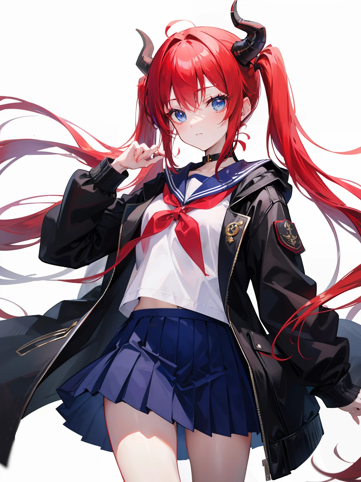 red hair, blue eyes, twintails, Sailor suit,black coat, Dragon horns,Pleated skirt,solo,bow