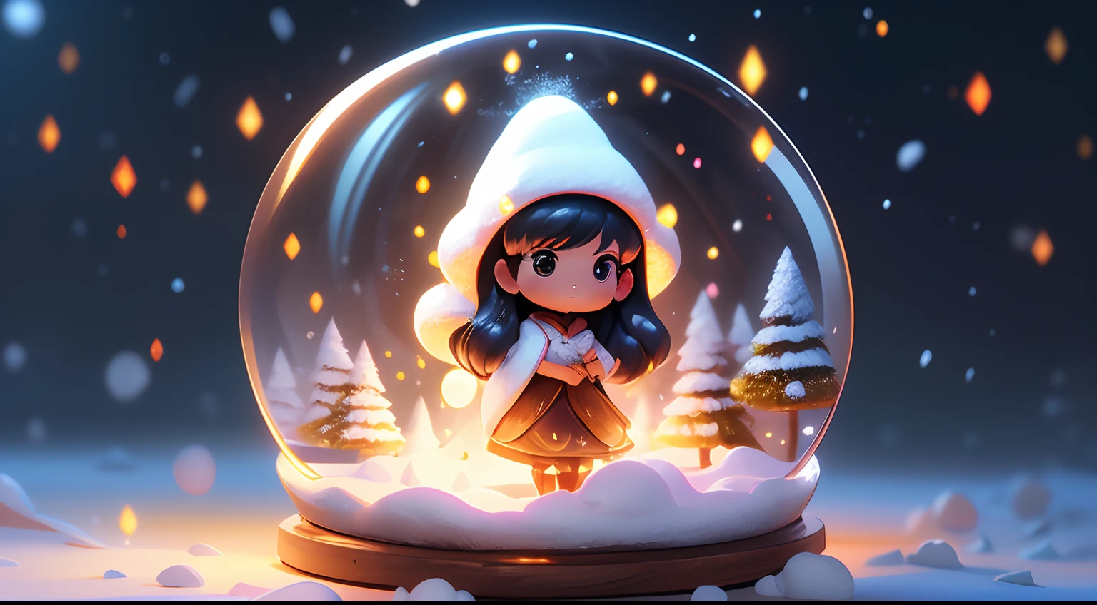 Digital Art,photoRealstic、 prety woman(nendroid)Located in a snow globe 、Rays around the woman(Fire Spirit, Water Spirit, Earth Spirit), bio luminescent、