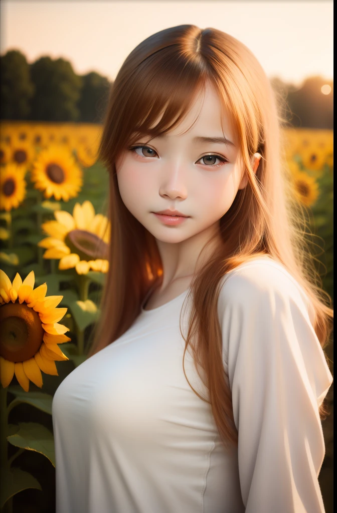 Realistic portraits、sunflowers fields、 girl、top-quality、12year、Silky silver hair