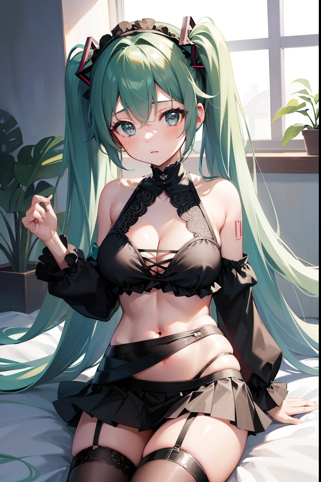 miku hatsune、top-quality、one girls、Cute swimsuit、(Black lace panties)、very big boobs、Short cute skirt、The skirt is rolled up、Pants are visible