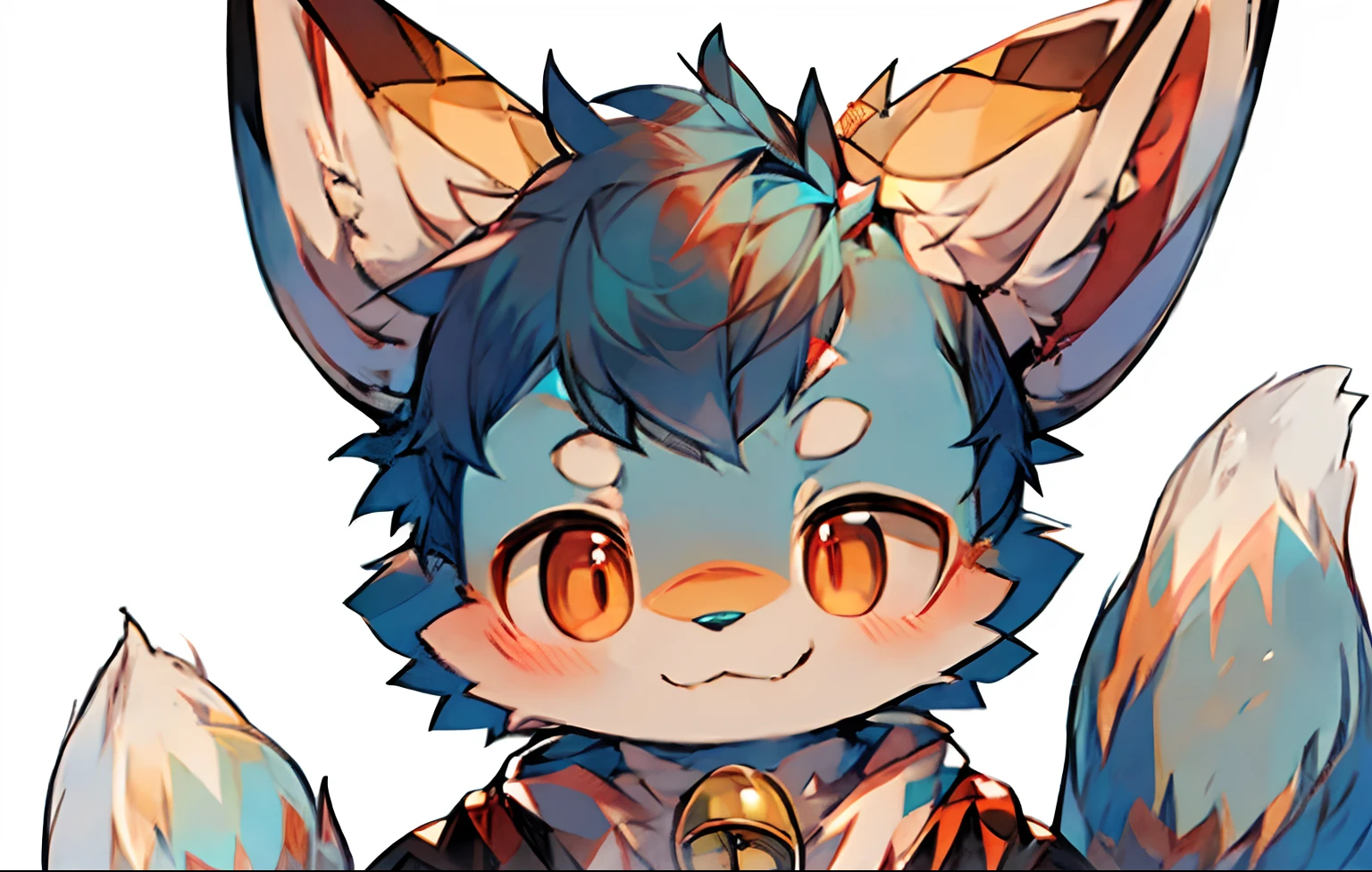 White fur,Princess Snow White,Cat ears,fox tails,Red pupils,Little bell,Sweet smile,sun shining,Cute Boy,Baby-like face, Blue hair, Komono, I'm wearing a muffler, appearance々It has a facial expression.,