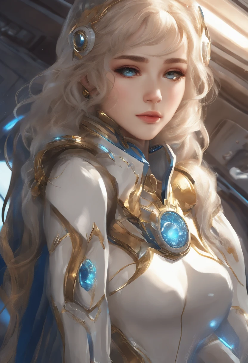 Anime loiro jovem, aesthetic body, olhos azuis escuros, com roupas brancas com detalhes azuis, on a spaceship, com colar dourado