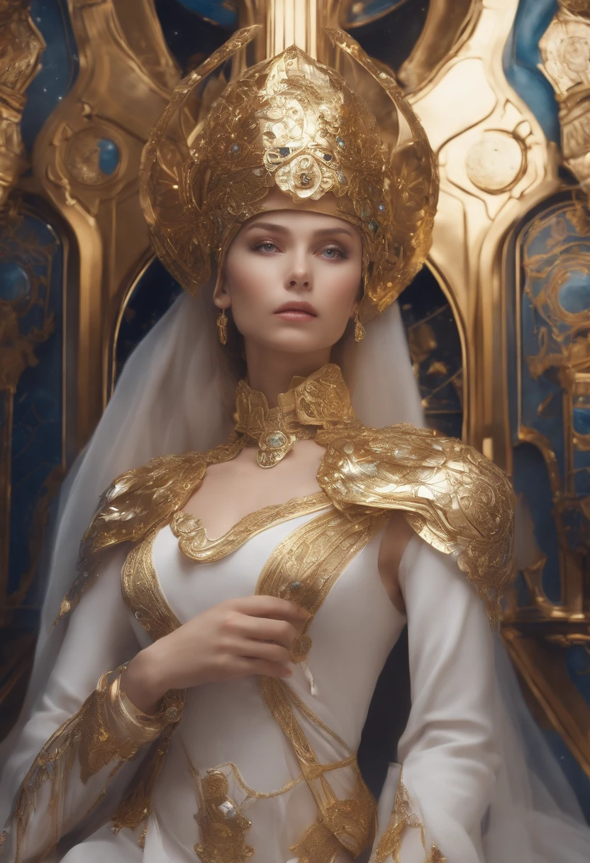 Anime loiro jovem, aesthetic body, olhos azuis escuros, com roupas brancas com detalhes azuis, on a spaceship, com colar dourado