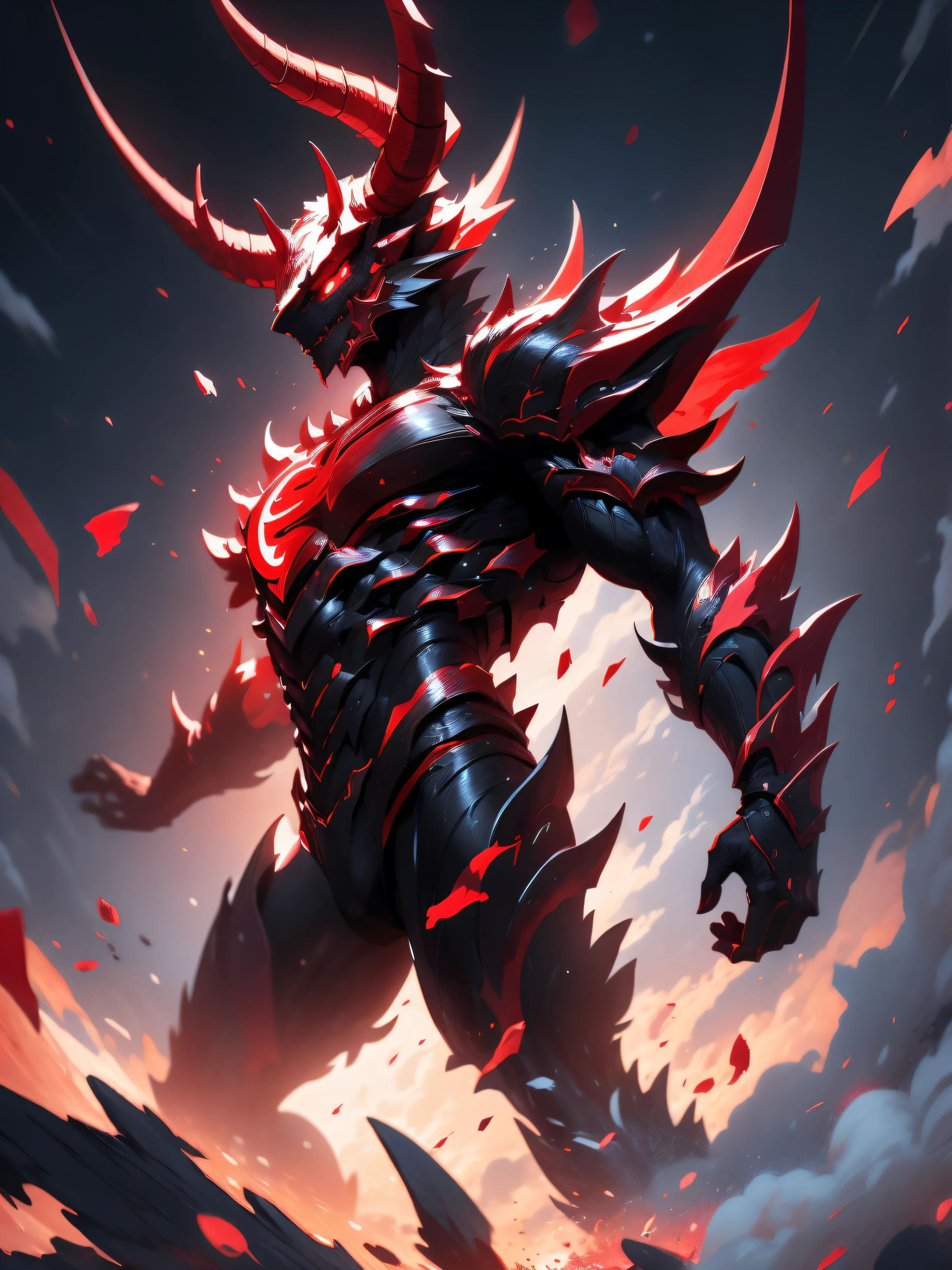 Horned demon with a crimson red wing falling from the sky, (best illustration), beautiful effects, vivid colors, super detailed, ray tracing, masterpiece, best quality, ultra quality, absurd details, (best light), (best shadow), sharp, sharp image, detailed, extremely detailed, large resolution, 8k, 4k, uhd, volumetric, detailed black armor, (particle effects), with a creative image background