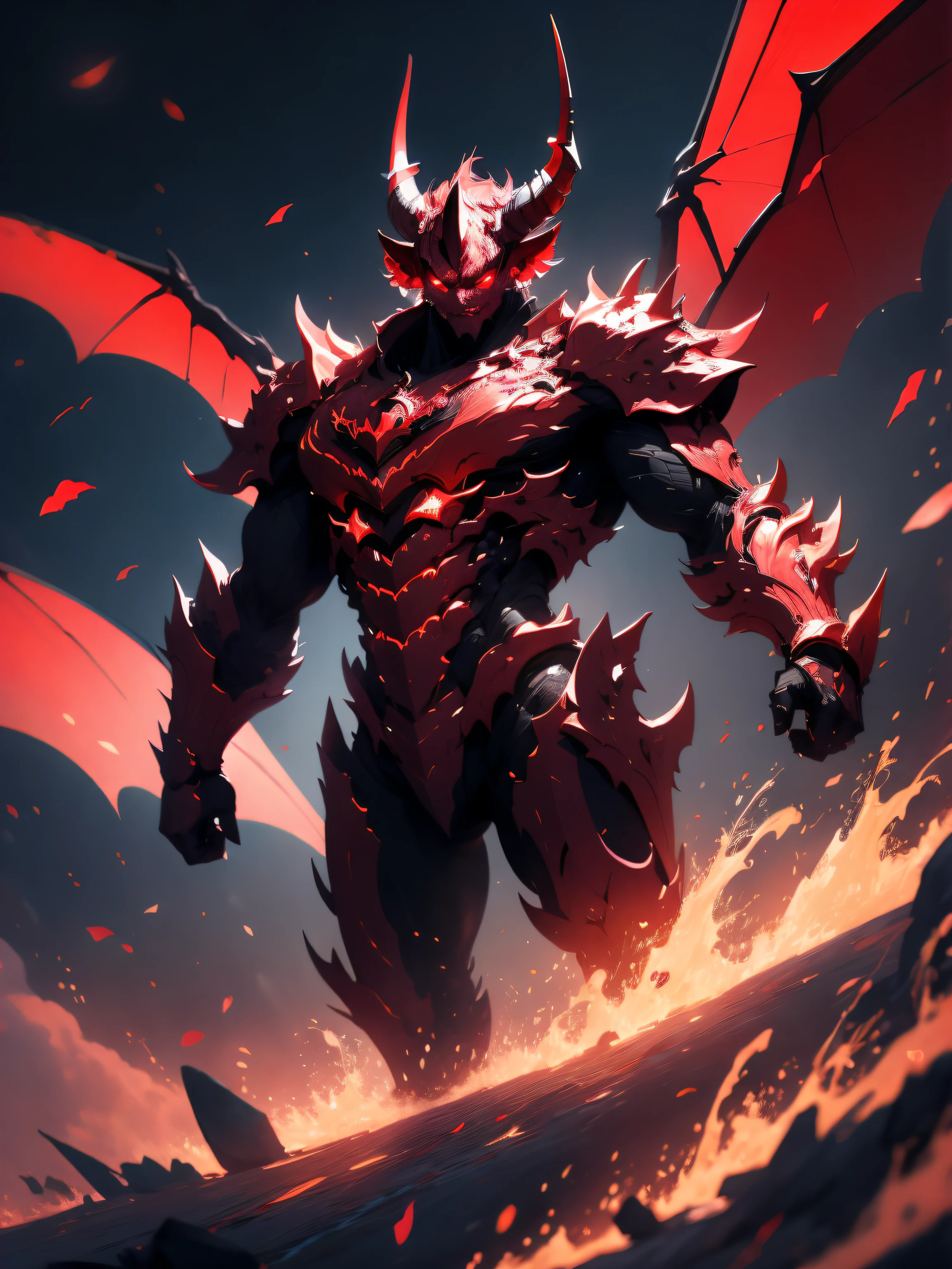 Horned demon with a crimson red wing falling from the sky, (best illustration), beautiful effects, vivid colors, super detailed, ray tracing, masterpiece, best quality, ultra quality, absurd details, (best light), (best shadow), sharp, sharp image, detailed, extremely detailed, large resolution, 8k, 4k, uhd, volumetric, detailed black armor, (particle effects), with a creative image background