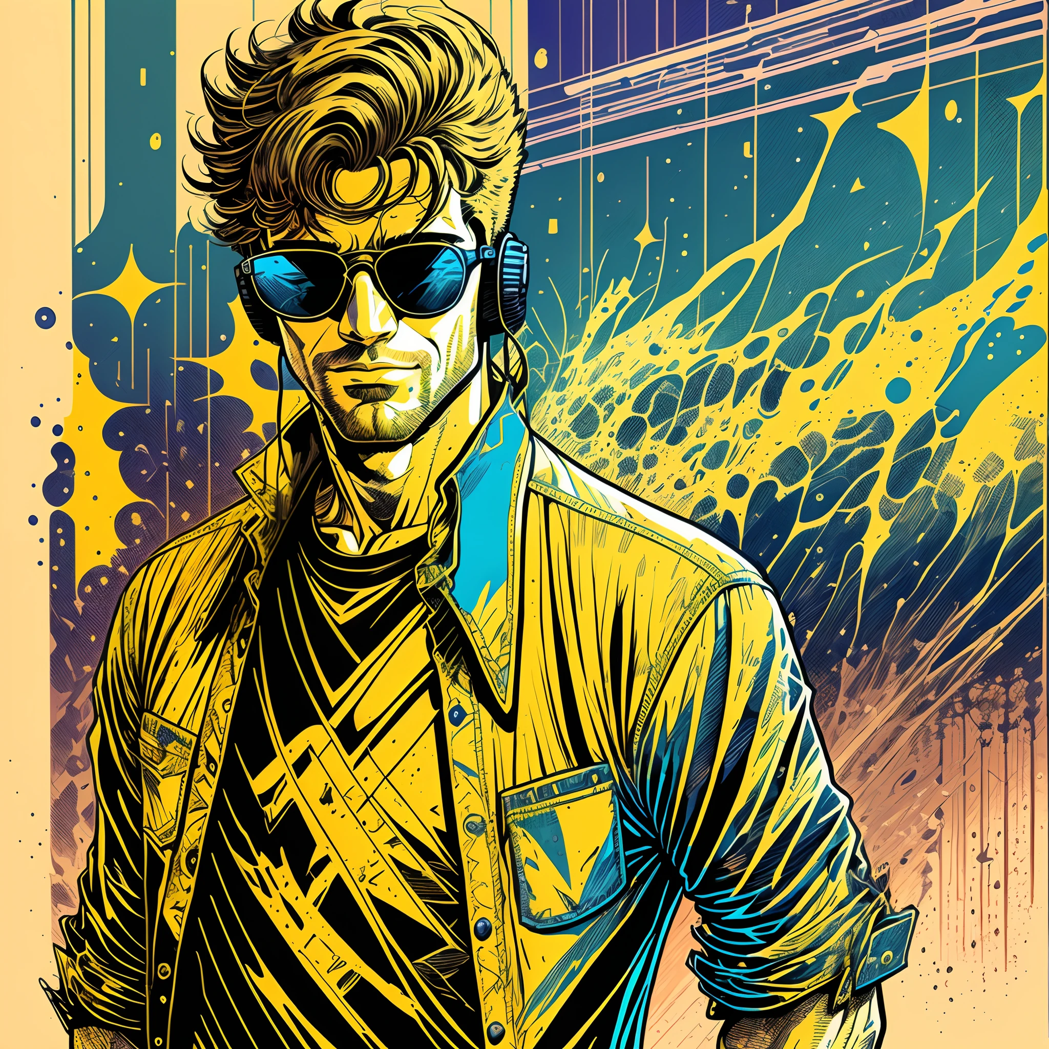 A handsome man with ,headset and a black shirt and glasses, in the style of aggressive digital illustration, blue and yellow, 85 new wave, hyper-detailed illustrations, colorful moebius, pulled, scraped, and scratched, neo-pop iconography --auto --s2