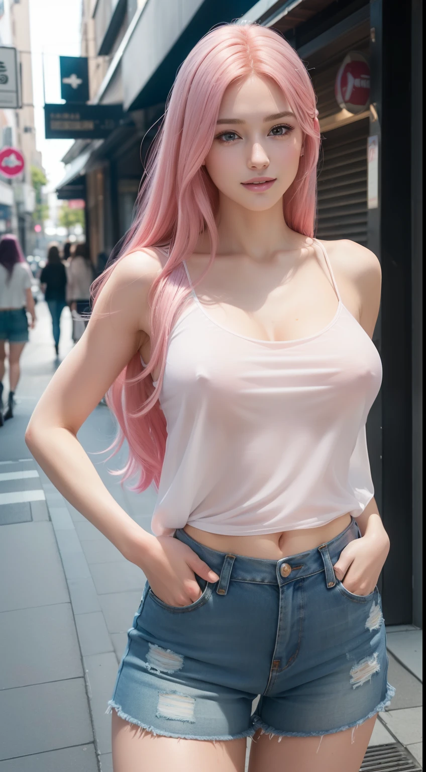 (masterpiece:1.4), (8k, photorealistic, RAW photo, best quality: 1.4), japanese, (1girl), beautiful face, (realistic face:1.4), (pink hair, long hair:1.3), beautiful hairstyle, realistic blue eyes, beautiful detailed eyes, (realistic skin:1.3), beautiful skin, attractive, ultra high res, ultra realistic, highly detailed, golden ratio, (detailed face:1.4), looking at viewer, open white shirt, (realistic medium breasts:1.4), standing, hand on hip, transparent shirt, (braless:1.4), nipples_out, short jeans, shorts, nsfw, city street, dynamic lighting,((characters play)),smiling