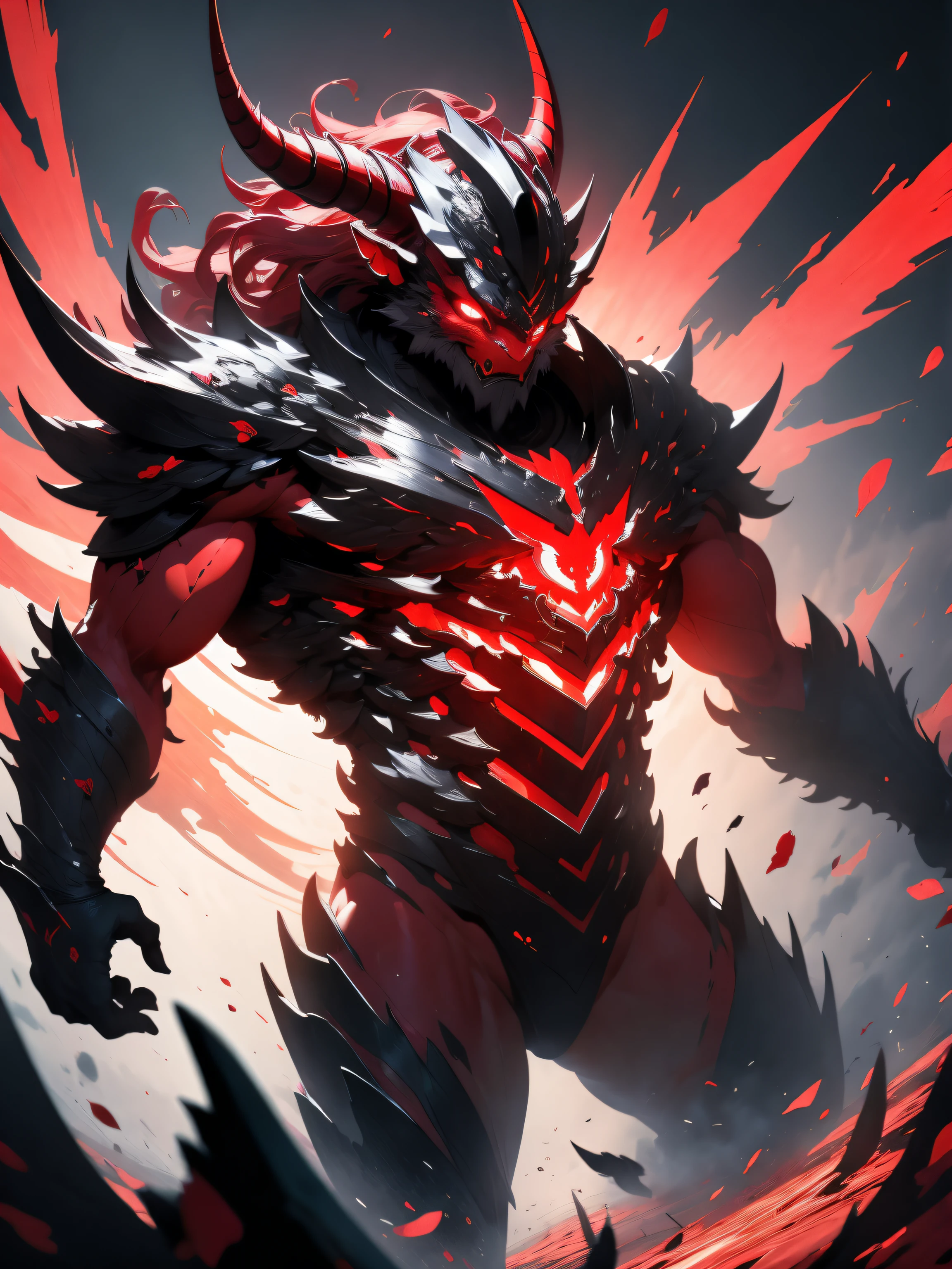 Horned demon with a crimson red wing falling from the sky, (best illustration), beautiful effects, vivid colors, super detailed, ray tracing, masterpiece, best quality, ultra quality, absurd details, (best light), (best shadow), sharp, sharp image, detailed, extremely detailed, large resolution, 8k, 4k, uhd, volumetric, detailed black armor, (particle effects), with a creative image background