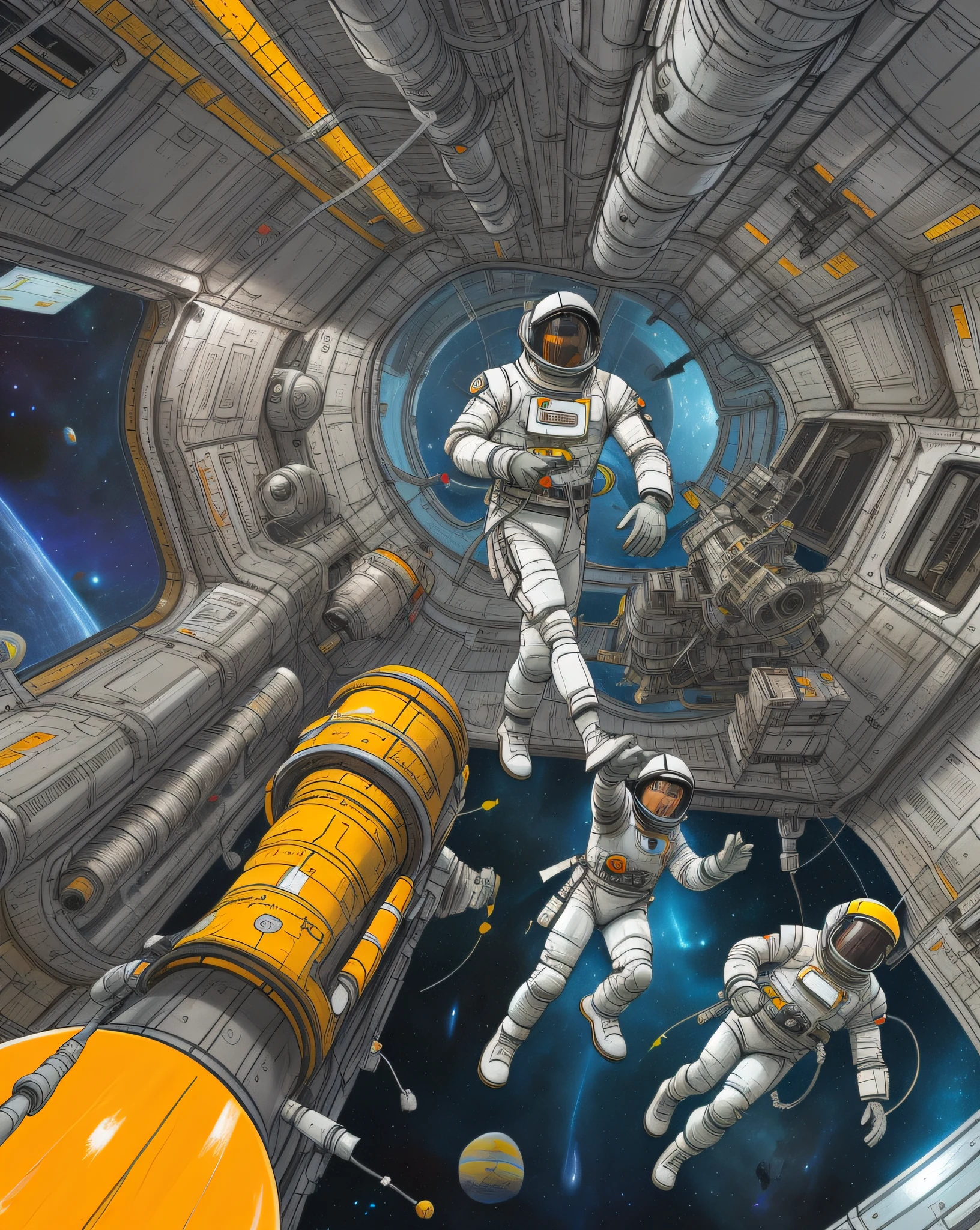 Astronaut in outer space with space station child, Mobile game art, space walk scene, spacewalk, space graphics art in background, full color digital illustration, Space travelling, detailed digital illustration, Commercial illustration, In space, scifi illustration, painting of a：Robot Jones, Mobile game background, big tech art style, The astronaut