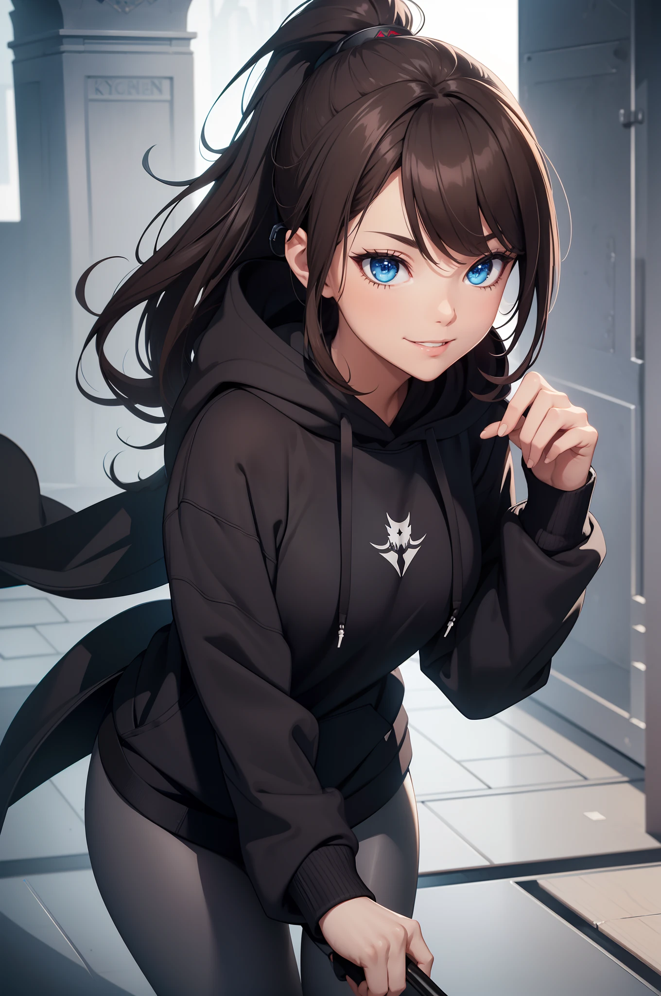 masterpiece, highres, best quality, black hoodie, 1girl, solo, brown hair, smile, blue eyes, high quality artstyle, ultra detailed, black leggings, quality shadows, 8K, ponytail, headphones,(punishing gray raven), Katana