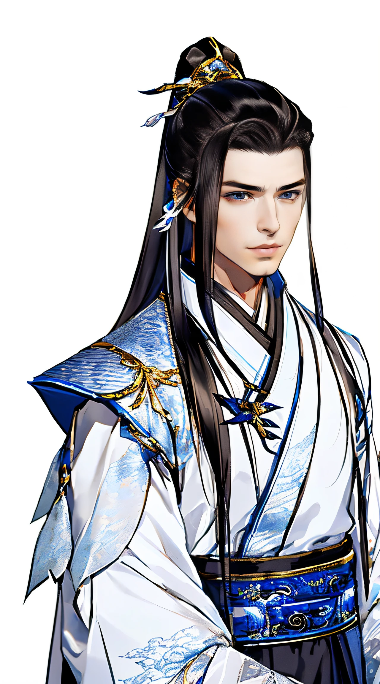 ((8K,2K)), (best quality), ((ultra-detailed)), ((extremely delicate and handsome face)) 1 guy, 1 young man, black long hair, blue eyes, black and white wuxia outfit, xianxia fantasy, wuxia fantasy, standing straight, arms down, rpg sprite, waist up, half body shot, bust up shot, plain white background