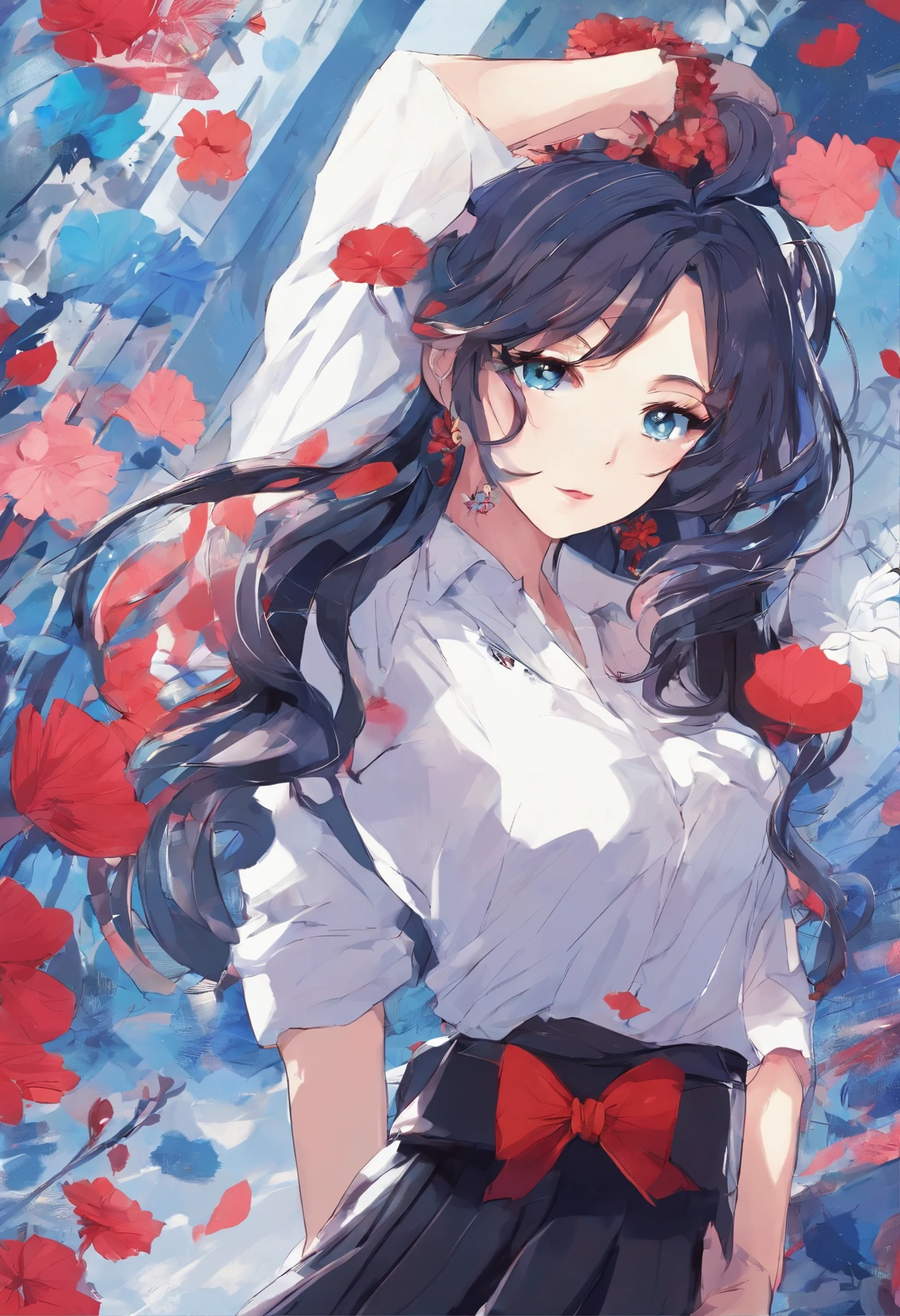 best quality, masterpiece,, Illustration, Wallpaper,1girl, solo, white shirt, black skirt, light  hair, semi-long hair, beautiful detailed girl, extremely detailed eyes and face, beautiful detailed eyes, shy, natural_lighting, glow, clean sky, looking at viewer, outdoors, night sky, star (sky), loafers, black pantyhose, blue bowtie, straight hair, purple petals, purple and blue flowers, red pupil, ponytail, blue ribbon,white hair, red eyes, kimono