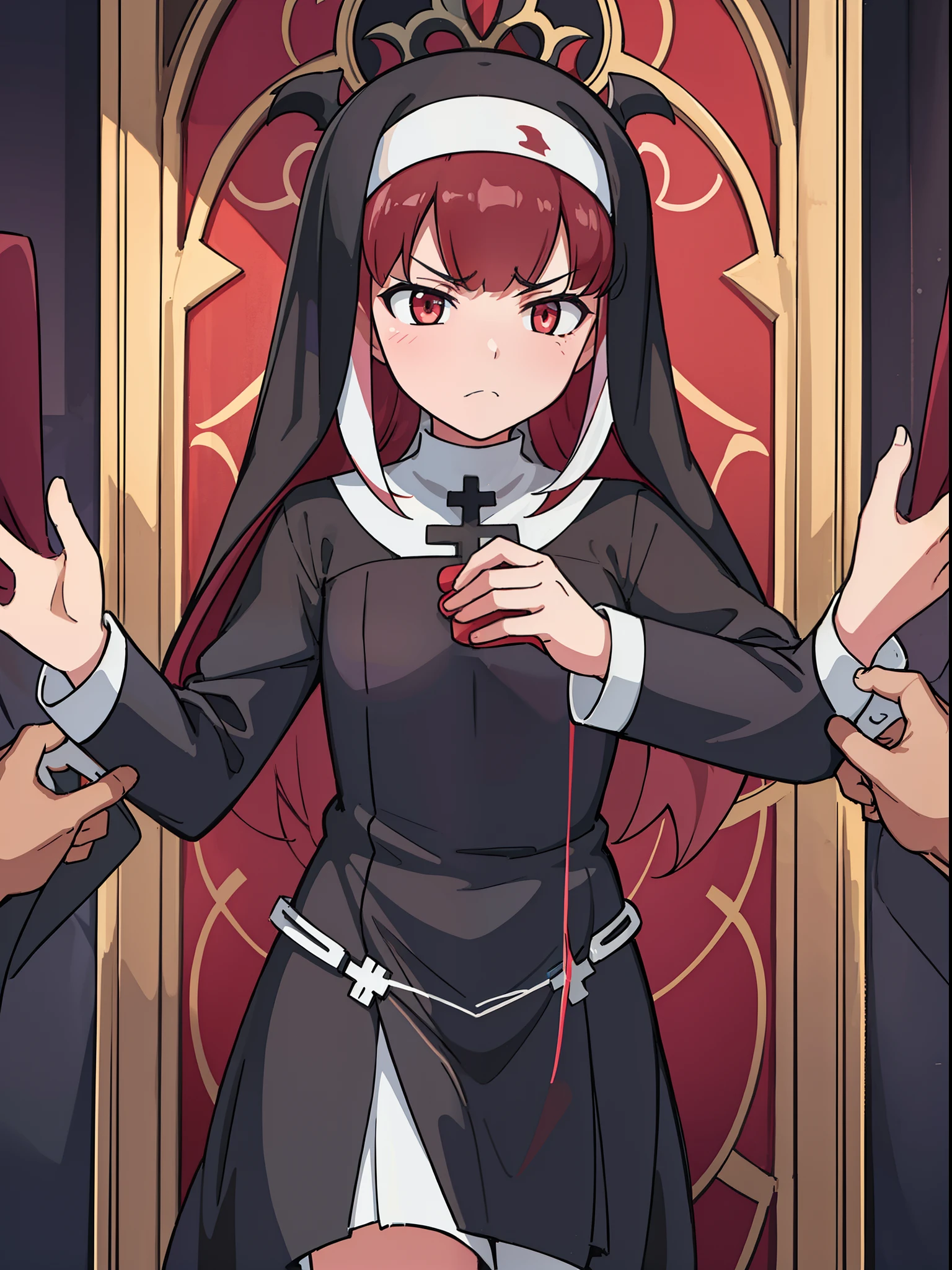 (One age nun girl) The Dark Mantle. A nun in a cassock. with a golden cross on the chest. red-eyes. dark colored hair, frowning face. Against the backdrop of a gloomy church hall in the dark.
