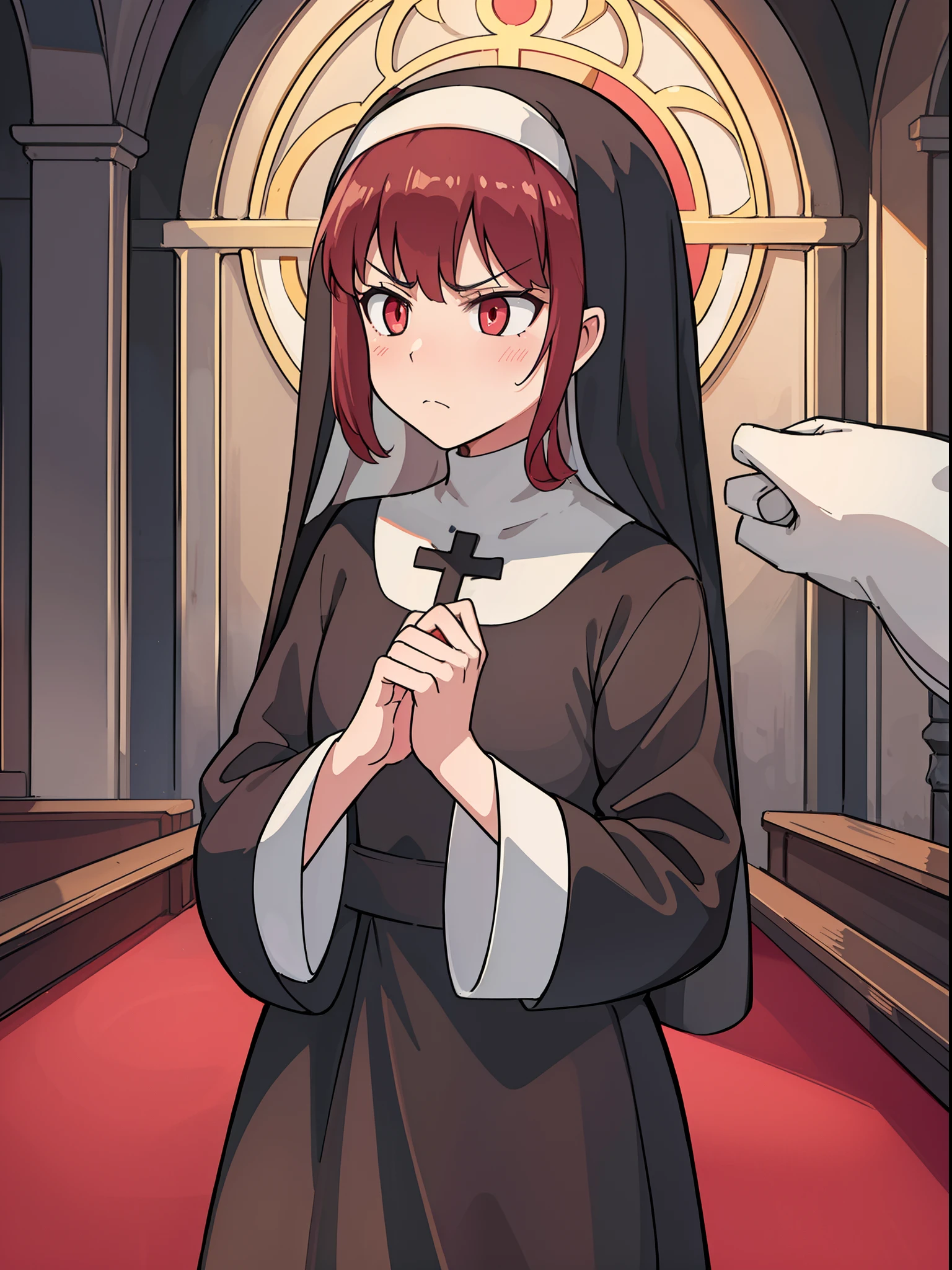 (One age nun girl) The Dark Mantle. A nun in a cassock. with a golden cross on the chest. red-eyes. dark colored hair, frowning face. Against the backdrop of a gloomy church hall in the dark.