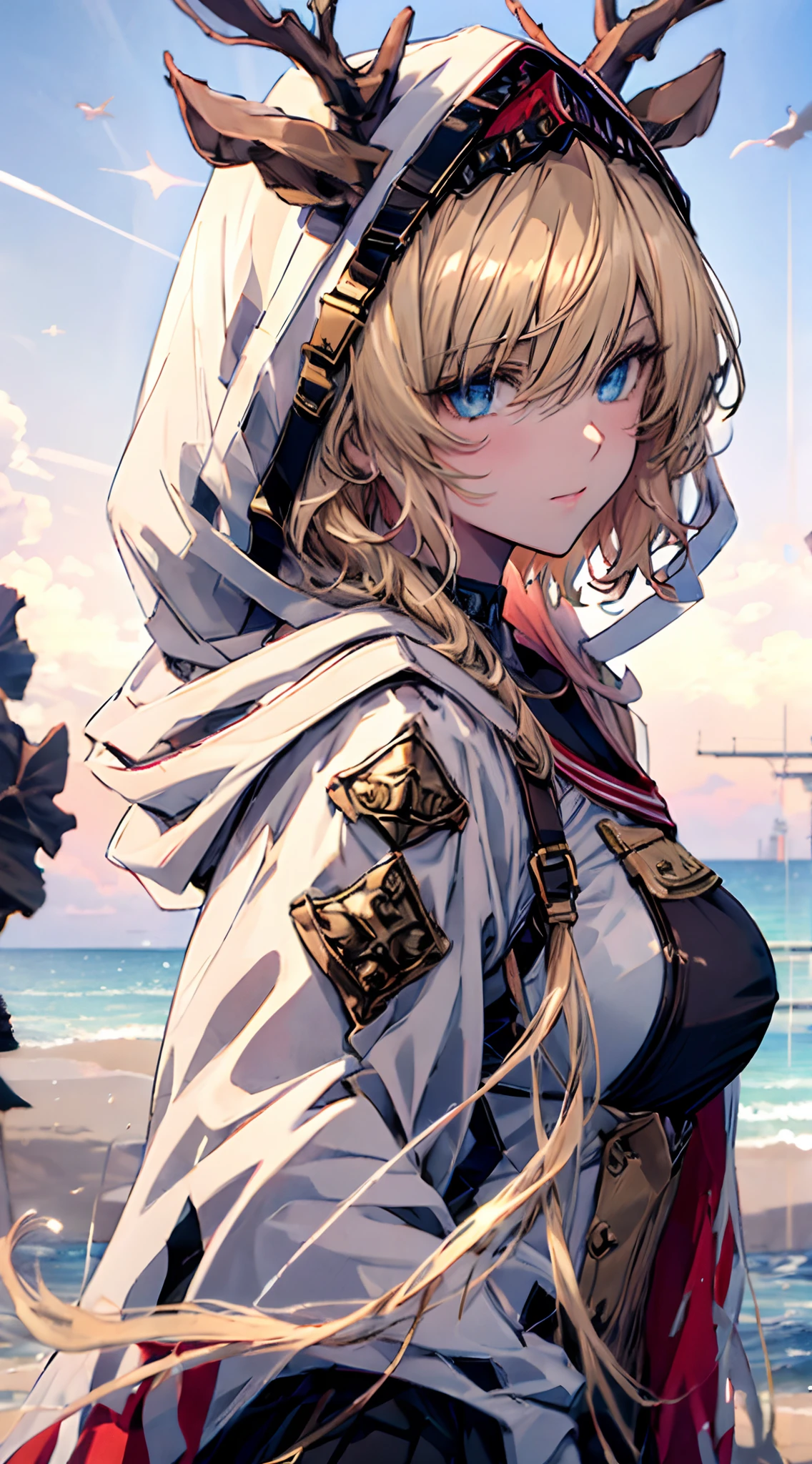 {Best quality}, {{Masterpiece}}, {A high resolution}, Original, Extremely detailed 8k wallpaper, 1girll, {An extremely delicate and beautiful}, Beautiful detailed eyes,White hair, Blue eyes,{intricately details},Short hair,Cinematic lighting,Ray tracing,{Summer beach},{{{serafuku}}},{{{{Happy expression}}}},holding ice cream,Upper body, {{{From the side Side}}}, Dynamic Angle,{Dynamic cloth},{{Cute}},