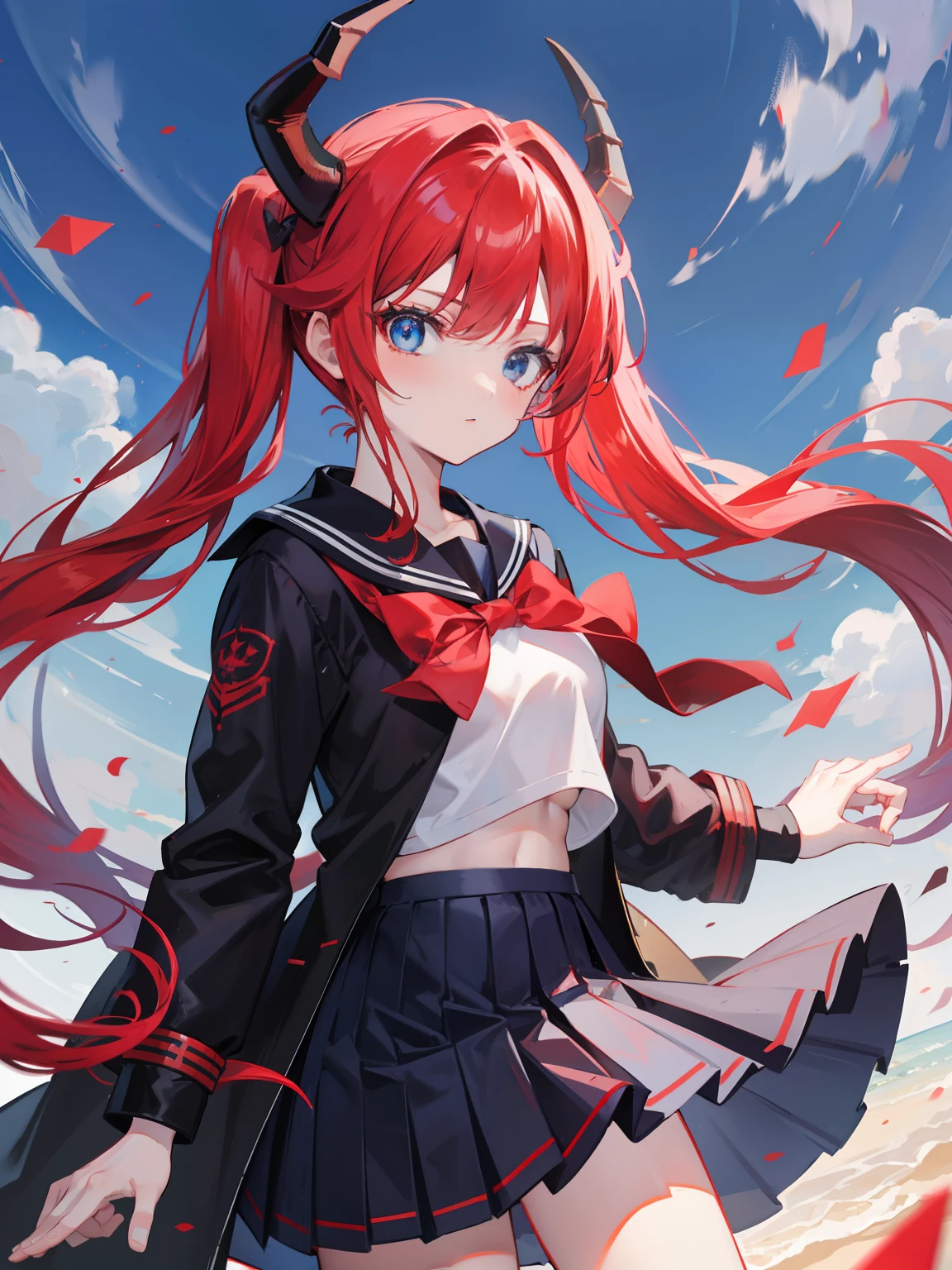 red hair, blue eyes, twintails, Sailor suit,black coat, Dragon horns,Pleated skirt,solo,bow