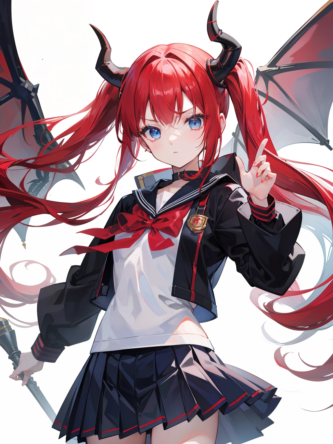 red hair, blue eyes, twintails, Sailor suit,black coat, Dragon horns,Pleated skirt,solo,bow