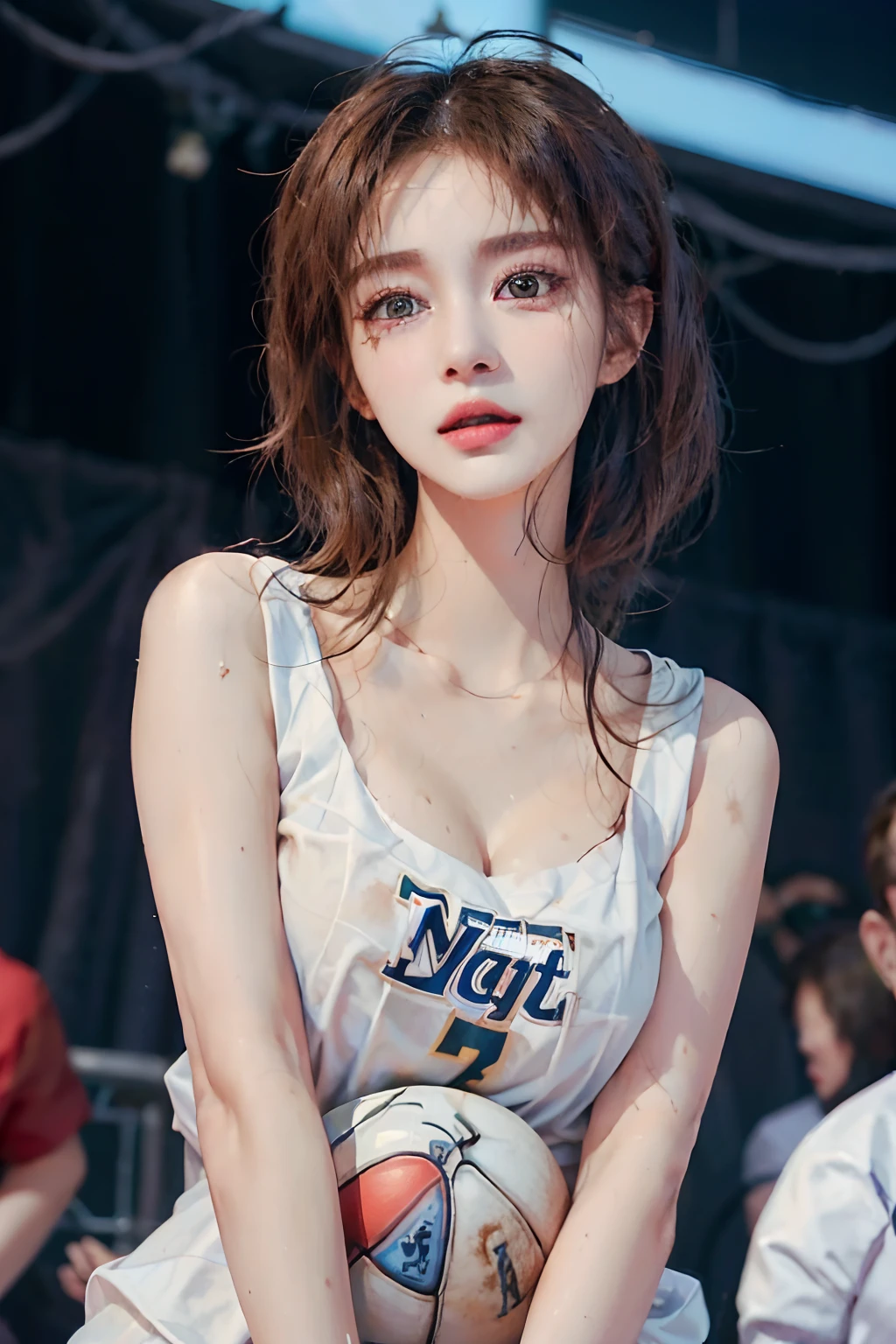 (RAW photos,4K,tmasterpiece,A high resolution,very intricate)(realisticlying:1.4),A delicate girl with facial features in the movie
1 Girl, Single focus, Full body like,Summer noon, Playing the Basketball,Basketball pose,thermography, 1990's\(styled\),White skin,(Bigchest,cleavage), (Best quality), (A high resolution), (Extremely Delicately Beautiful),,(Beautiful 8k face),(Brown eyes),(Ulzzang-6500:1.0),(Large breasts),(NFFSW),(Basketball sportswear),((Playing basketball)),((gymnasium)),((velocity)),(reality),(jiayi:1.5), closeup cleavage, tmasterpiece, best qualtiy, RAW photogr, realisticlying, faces, Incredibly Ridiculous res, Buatigar, adolable, short detailed hair, depth of fields, A high resolution, ultra - detailed, finedetail, Very detailed, extremely detailed eye and face, Sharp pupils, pupil realistic, tack sharp focus, cinmatic lighting,(((pearls of sweat))),(((Sweat Wet))),((perspire)),(((wiping sweat))),