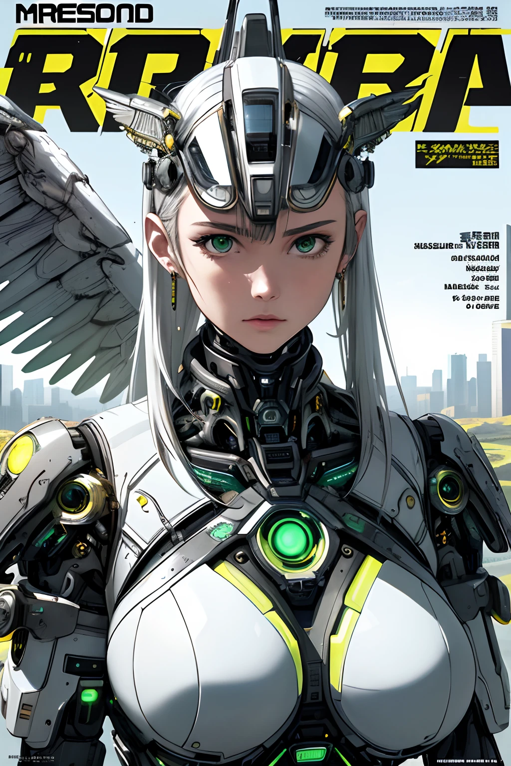 masterpiece, (best quality), (ultra-detailed), (ultra-realistic:1.2), landscape, sci-fi, transistorpunk, cyberpunk, biopunk, (magazine cover:1.4), (gray, white), female huge robot, visor, earring, mechanical angel wings on the back, angel wings, future town, dynamic pose, dynamic angle, small breasts, luxury, (gold, silver, green), neon