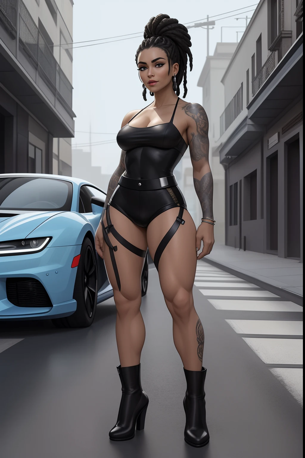 Uma mulher  Moreno, de cabelo afro cabelo caindo para frente, Rasta type but braided,  com belos seios corpo perfeito com , a wide thigh is beautiful a woman, com seios lindos corpo perfeito, uma coxa larga, is beautiful a destination with ,vario expression sexual pose, Erotic (estilo de arte de quadrinhos), (ArtStation Art Style Romance Committee), whole body view, plano completo, vista frontal, vista traseira, design de personagem, ficha de personagem, roupa casual, academia escura, pele escura, tight black compression shirt , camisa de basquete pendurada no quadril, shorts de basquete cinza soltos na altura da coxa, mulheres maduras, dreads pretos curtos, Golden and silver hair and body accessories, tattoos on arms, katana vermelha nas costas, olhos cinza claro e azuis, reflexos fortes, Sharp contours, sharp shadows, 8k, alta qualidade, solid white backdrop, A blue car with black wheels is shown on a gray surface, carro conceito futurista, conceito de carro futurista, carro conceito, carros futuristas, produto futurista carro tiro, concept automobile design, carro futurista, design de carro conceito, conceito de carro, Conceito de RA, prototype car, Supercarro, Bugatti, aerodynamic body, render de Supercarroro futurista, Pininfarina, design de carro moderno Carro futurista sinistro, Pavimento refletivo molhado, tonalidade iridescente, jantes altamente detalhadas, jantes brilhantes, Vista frontal, futuristic city background, prime time, [Cidade Noturna Cyberpunk:1.3], 8k dslr, Sharp, Tacha afiada, detalhes intrincados, master part, proportion Aurea, extremely high quality, HDR, fotorrealista, qualidade insana, melhor qualidade, extremamente detalhado, Maior detalhe, altamente detalhado, incrivelmente detalhado, circunstanciado, Realistic, 8k UHD, alta qualidade