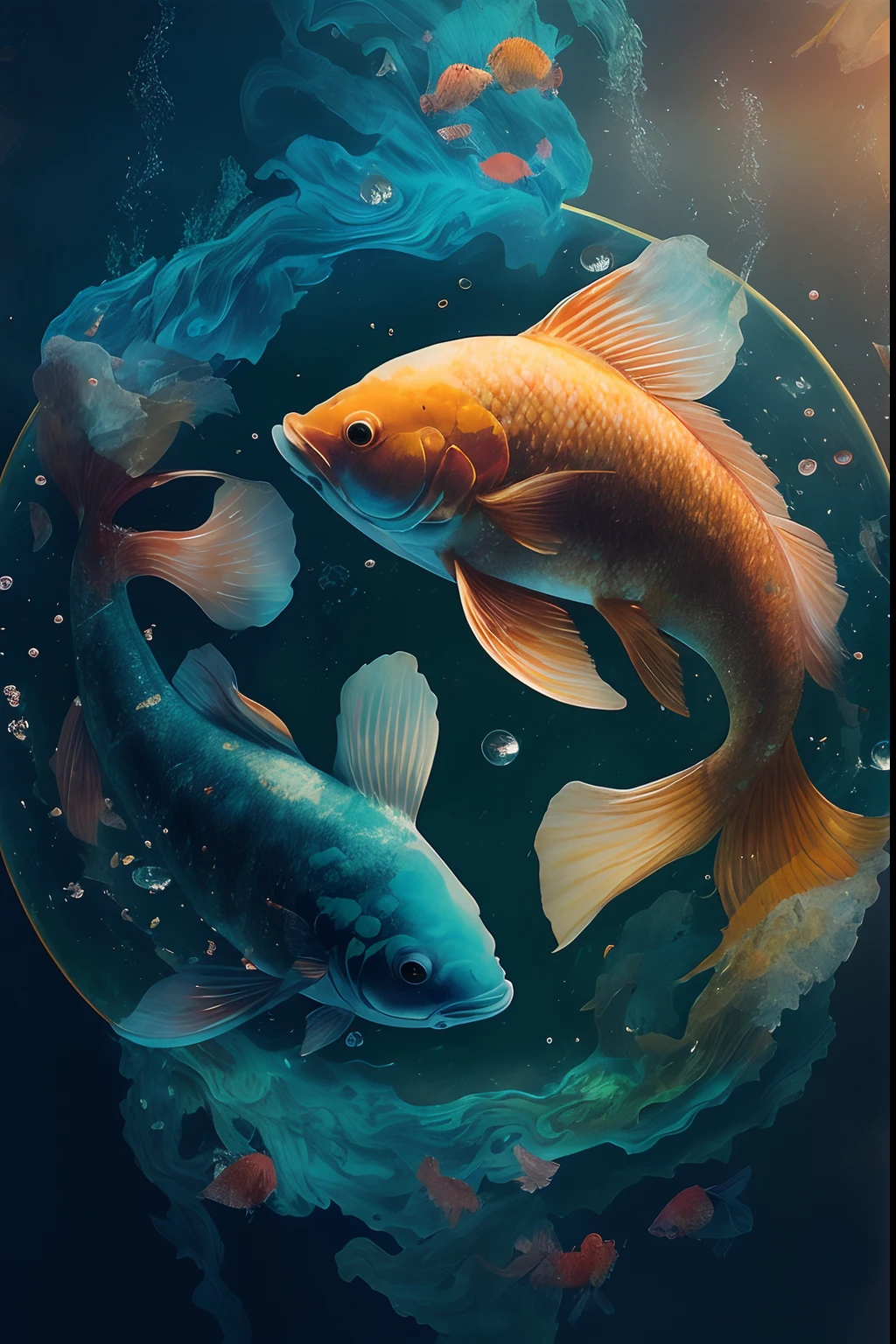 Masterpiece, Best quality, High quality, High definition, High quality texture, Highqualityshadow, High detail, finedetail, Extremely detailed CG, Detailed texture,, Colorful , Delicate, Cinematic light, Side light, Two fish swim in a circle in bubbles and clouds, koi fish floating in space, The fish, Pisces, fishes swimming, golden fish in water exoskeleton, koi fishes, floating koi fish, koi fishes, Fish swimming, fish swimming around, you see fishes, Koi, koi colors, Beautiful digital artwork, the stars are fish in the depths