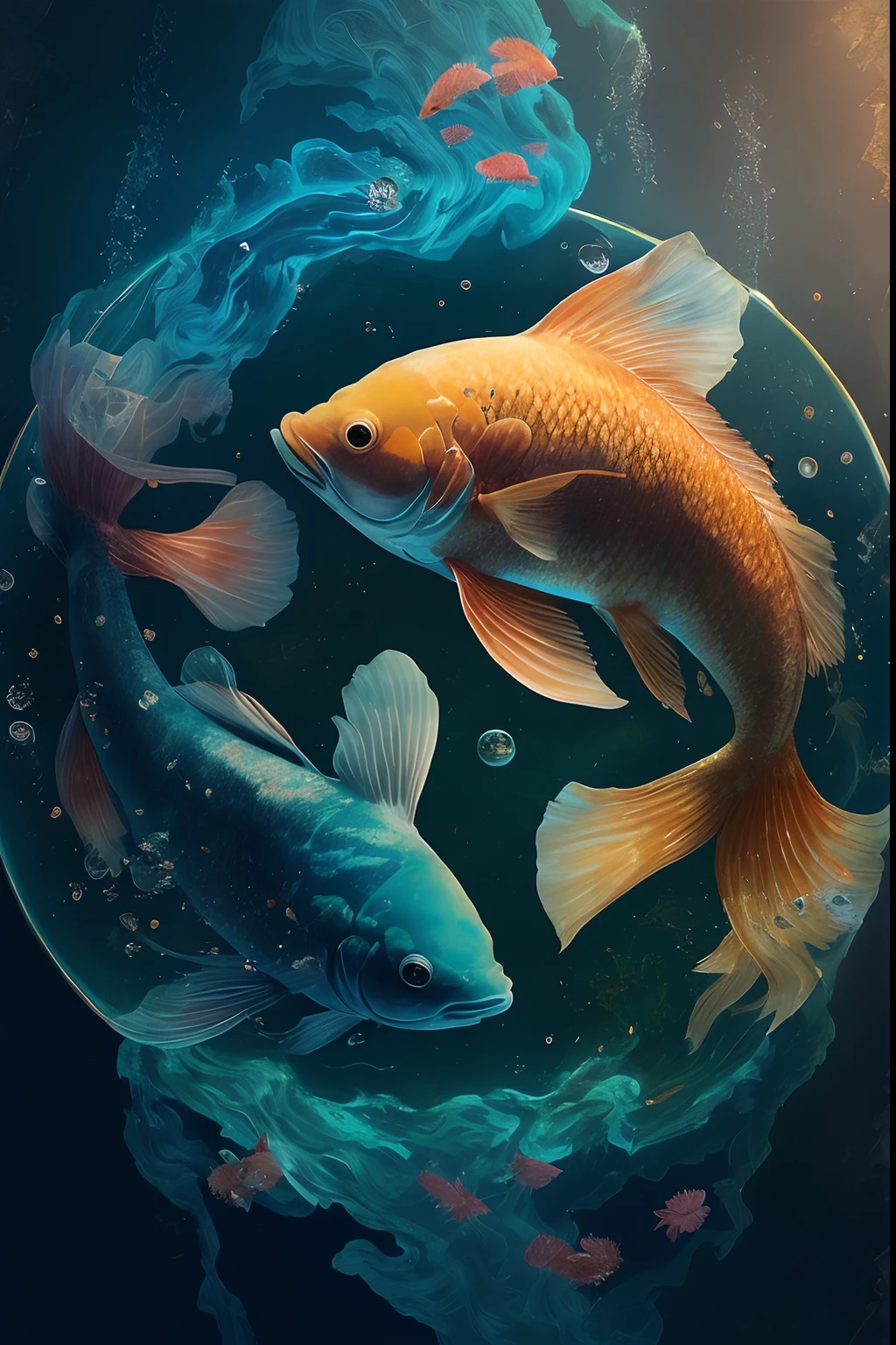 Masterpiece, Best quality, High quality, High definition, High quality texture, Highqualityshadow, High detail, finedetail, Extremely detailed CG, Detailed texture,, Colorful , Delicate, Cinematic light, Side light, Two fish swim in a circle in bubbles and clouds, koi fish floating in space, The fish, Pisces, fishes swimming, golden fish in water exoskeleton, koi fishes, floating koi fish, koi fishes, Fish swimming, fish swimming around, you see fishes, Koi, koi colors, Beautiful digital artwork, the stars are fish in the depths