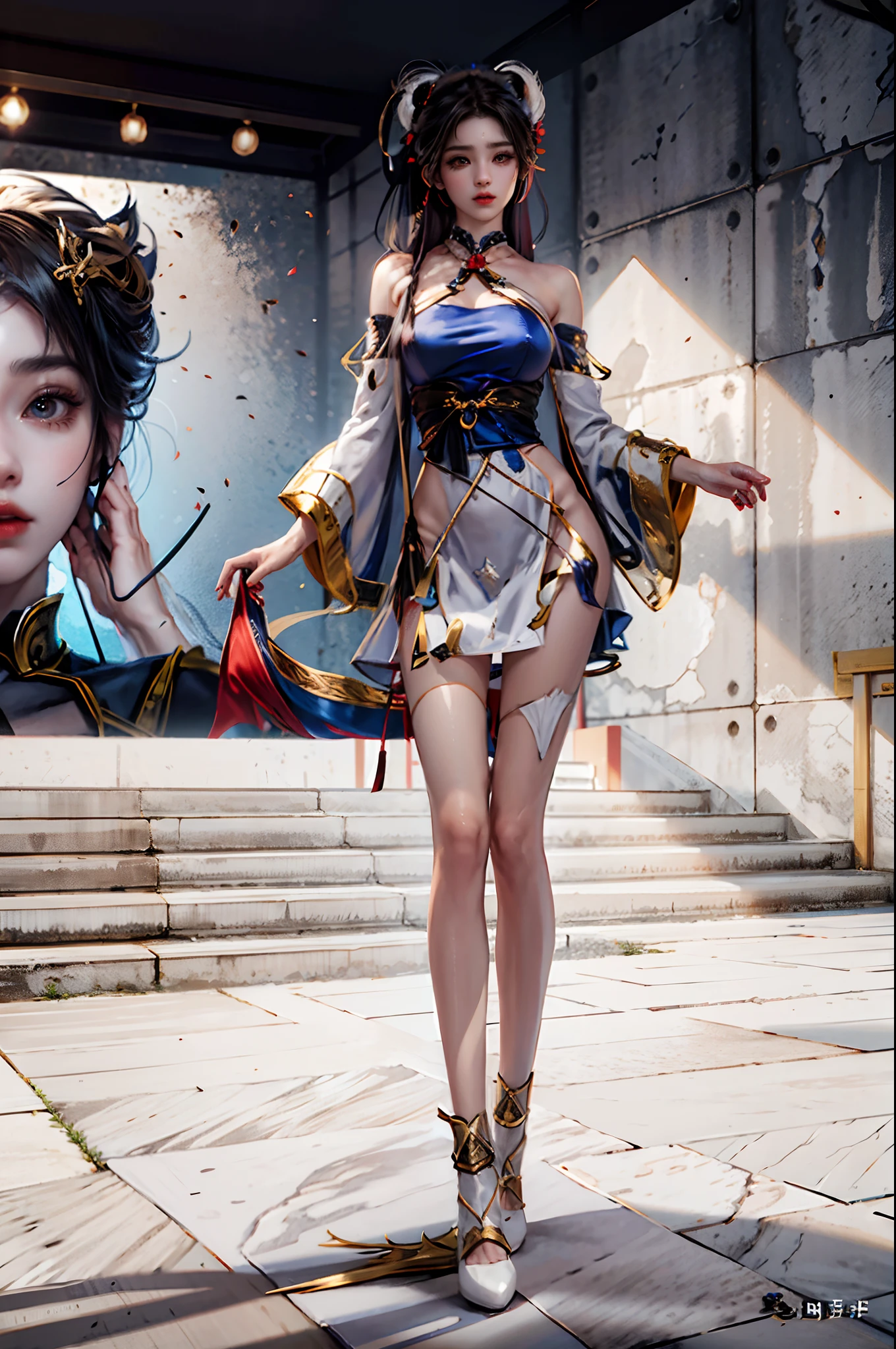 NSFW, Realistic super nasty fox woman, , A priestess sitting on the door of the shrine's torii, Fluffy priestess uniform, full bodyesbian, Angular eyes, Hair between the eyes, hair messy, Gentle and attractive, Bare shoulders, delicate sexy collarbone, full - length photo, charming oval face, Double eyelids, Small nose, Noble, hyper HD, Super detail, Elegant posture, glistning skin, Wear sweat, emphasizing thighs and crotch, camel-toe