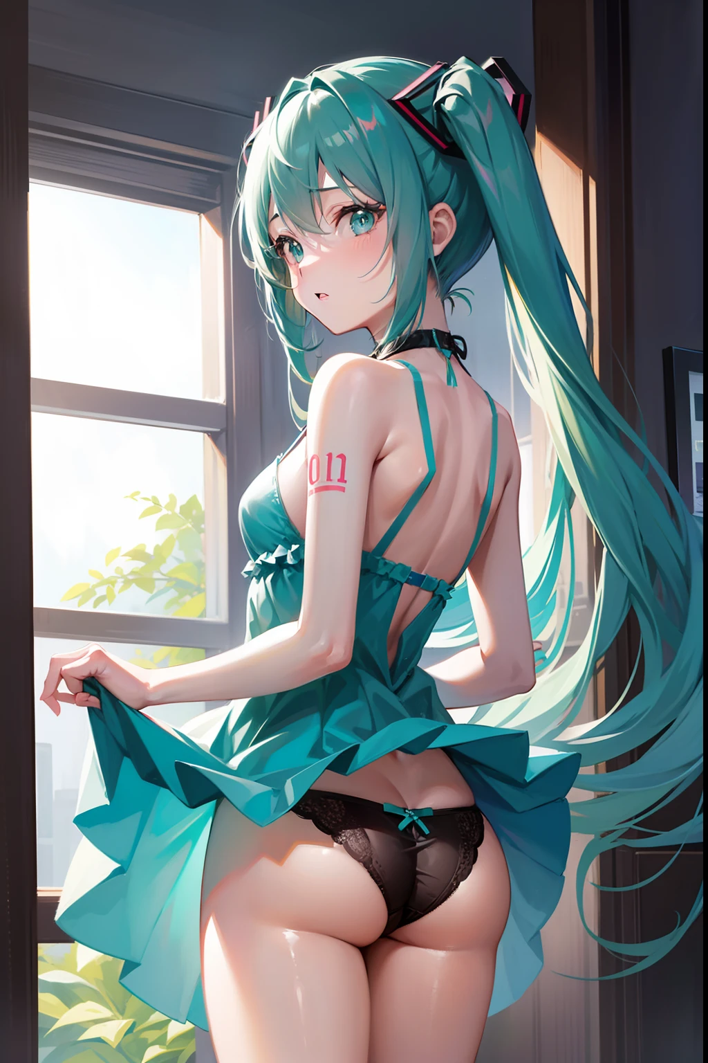 miku hatsune、top-quality、one girls、Cute Dresses、Standing、(Black sexy  figure)、、Your butt is facing us、Looking at the back of the screen