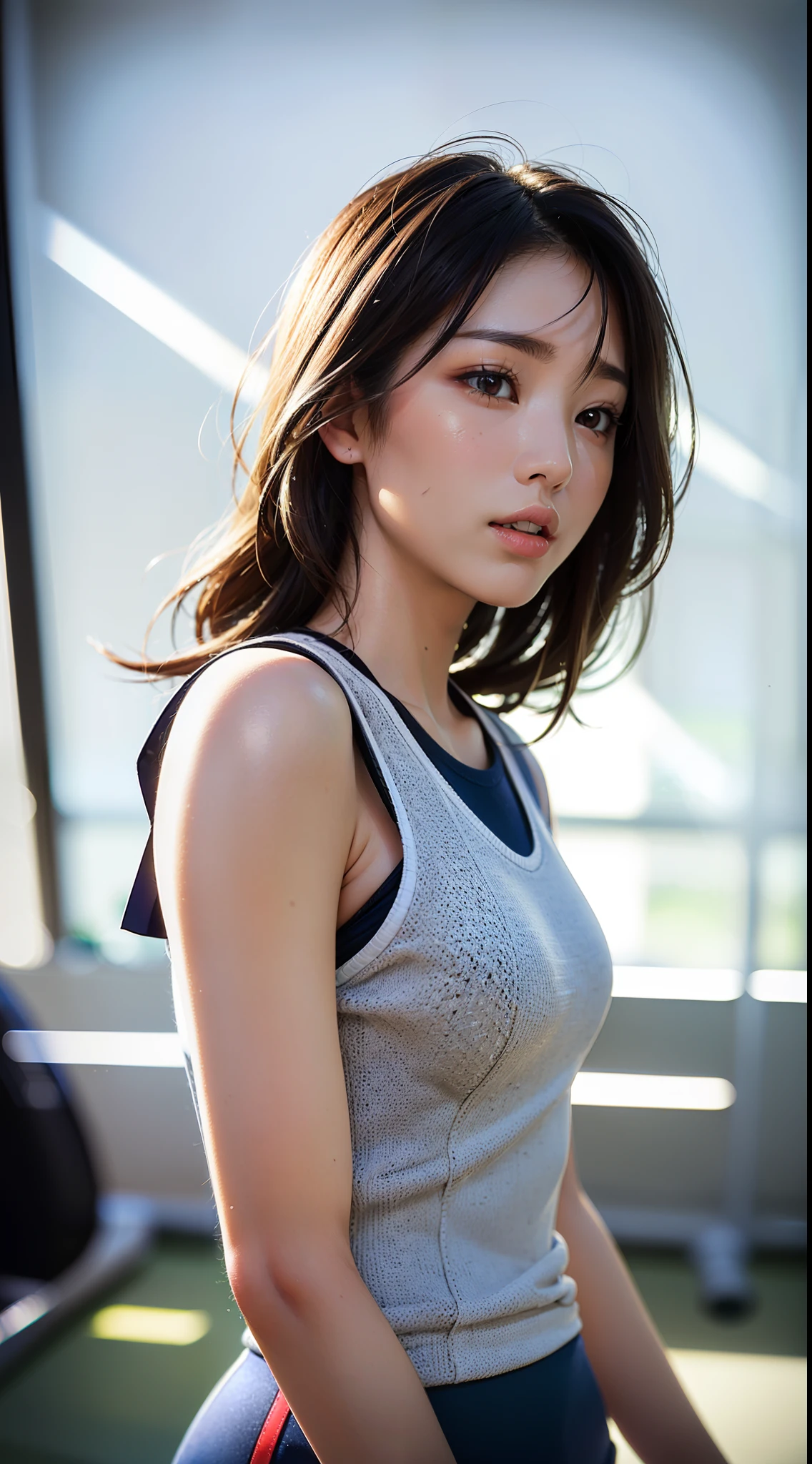 Photorealistic:1.5,Gymnasium、Gymnasium warehouse、Gymnastics mat、Volleyball Uniforms、Volleyball player、small tits:1.5,Cheerful girl、japanes、drooing eyes:1.3, Perfect proportions,portlate、 ((nikon RAW photo)) (8K, FujifilmXT3, masutepiece, ((Real Skin)) (No retouching, Lip gloss, Eyelashes, Real Skin, Highest Quality, Ultra-high resolution, depth of fields, chromatic abberation, Caustics, Broad lighting, Natural Shading))
