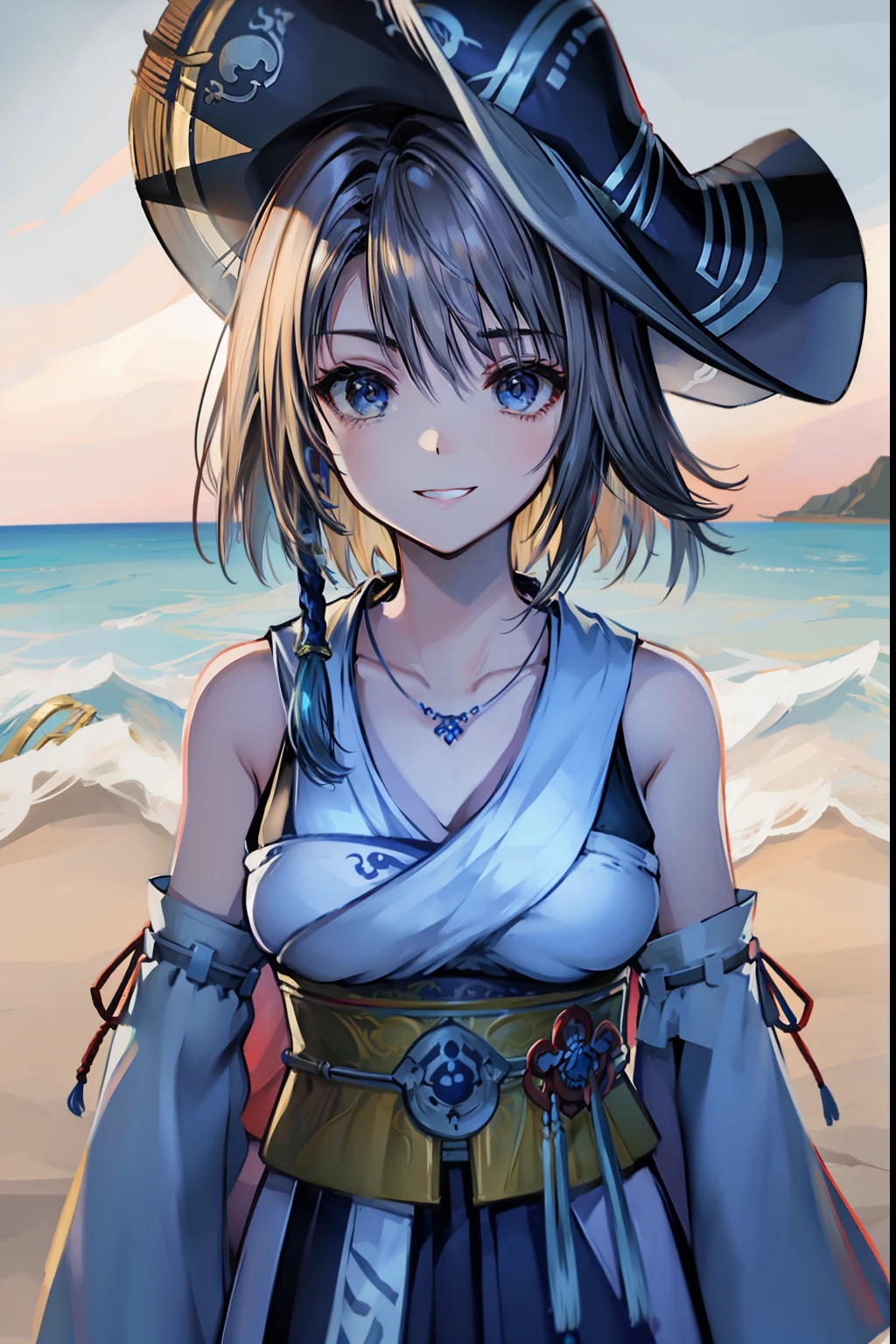 Final Fantasy、Yuna、in the ocean、On ship、Pirate attire、Pirate's big hat、glass eyes、smiling