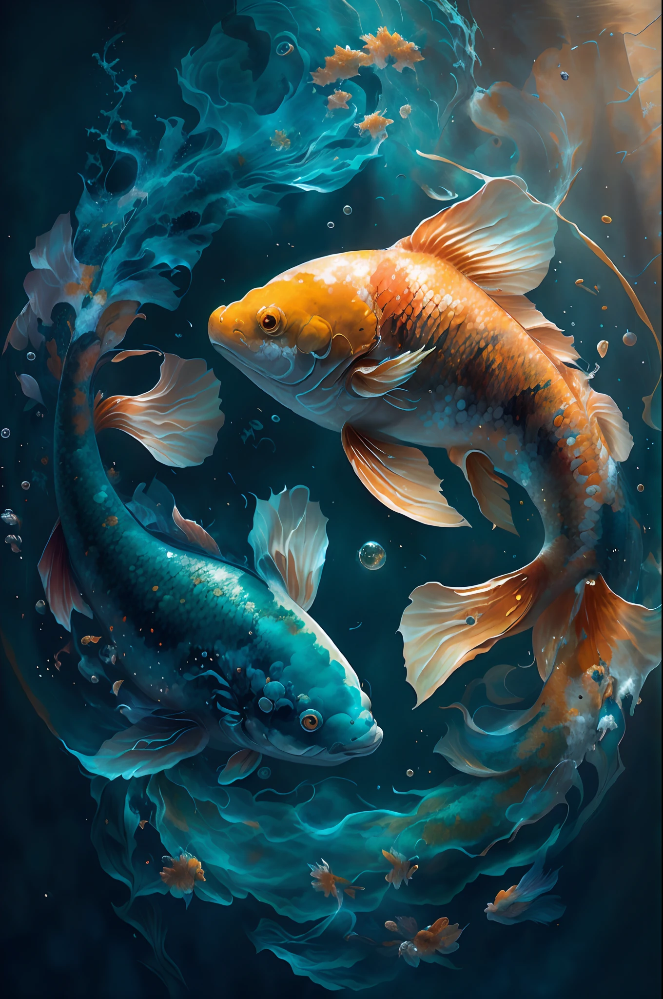 Masterpiece, Best quality, High quality, High definition, High quality texture, Highqualityshadow, High detail, finedetail, Extremely detailed CG, Detailed texture,, Colorful , Delicate, Cinematic light, Side light, Two fish swim in circles in bubbles and clouds, koi fish floating in space, The fish, Pisces, fishes swimming, golden fish in water exoskeleton, koi fishes, floating koi fish, koi fishes, Fish swimming, fish swimming around, you see fishes, Koi, koi colors, Beautiful digital artwork, the stars are fish in the depths,Carp in the starry sky,Koi,the detail,A detailed